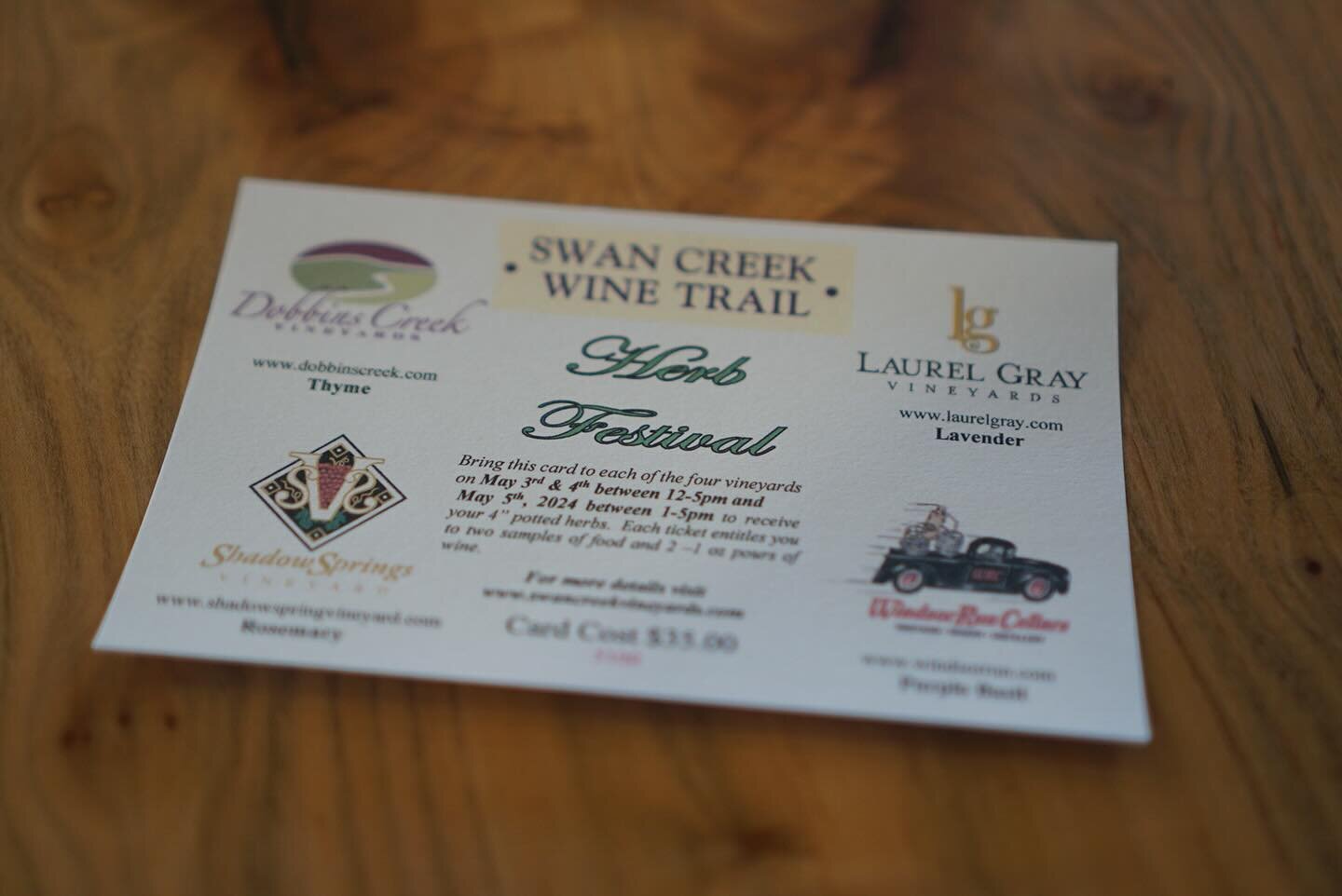 Tickets are available for the annual Swan Creek Herb Festival!! One $35 ticket = a potted herb and food / wine pairing for two at each of our four wine trail vineyards 🌿🌸. Call the tasting room to reserve your ticket today (336) 468-8400

#ncwine 
