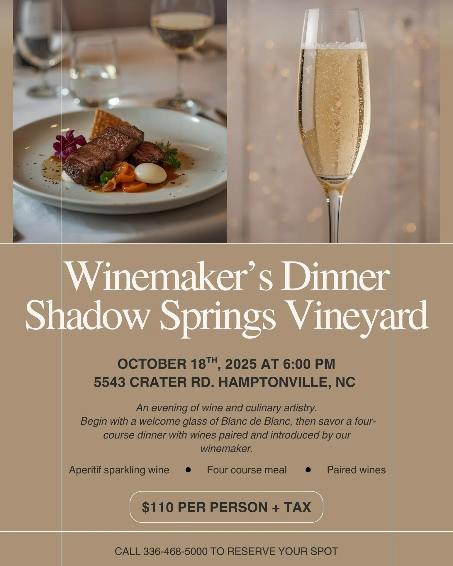 🍷✨ Winemaker&rsquo;s Dinner at our sister winery Shadow Springs Vineyard ✨🍷

Join us for an unforgettable evening of wine and culinary artistry on Saturday, October 18th at 6:00 PM.

The night begins with a sparkling welcome glass of Blanc de Blanc