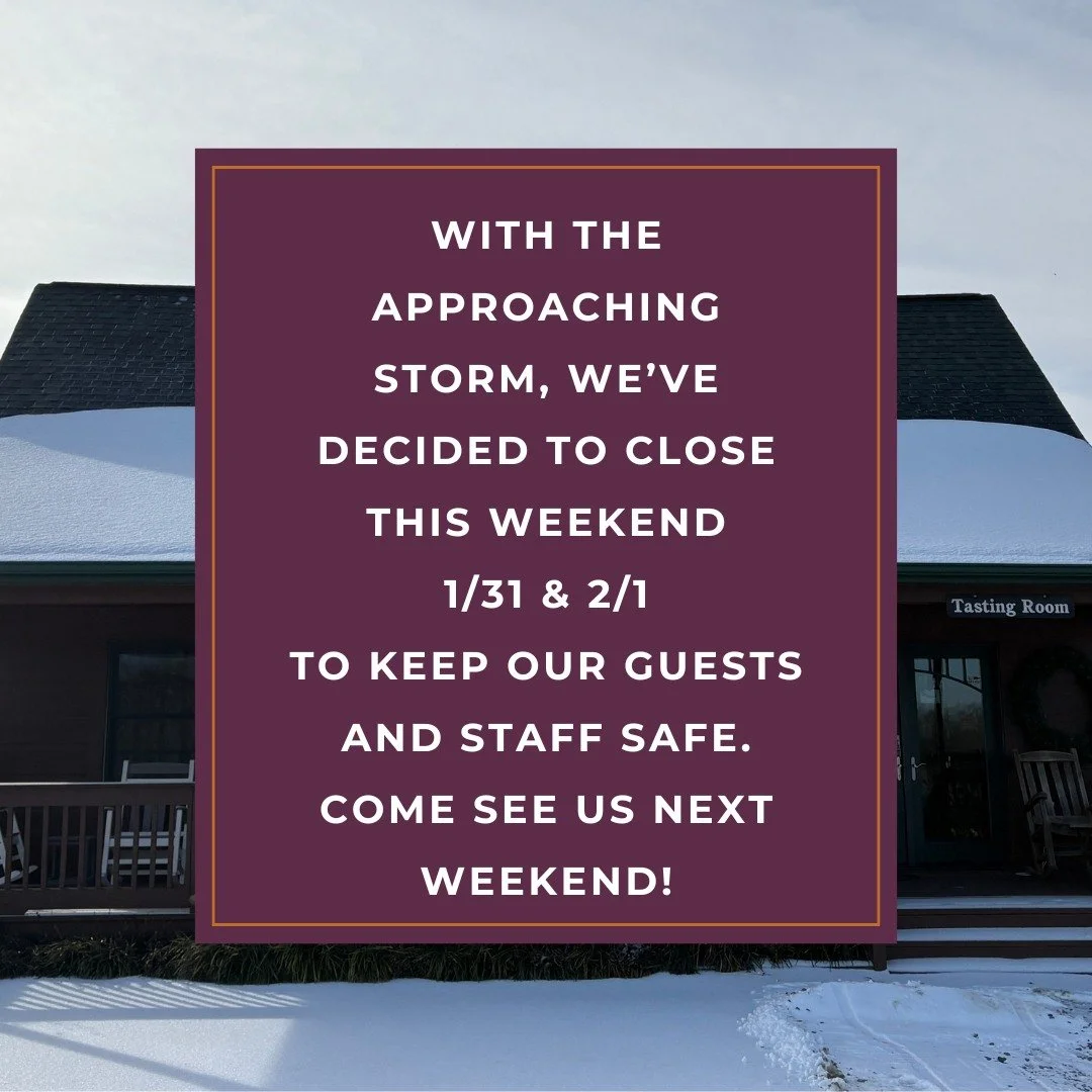 🍷 Weekend Weather Update + Saturday Tours

With the incoming storm, we&rsquo;ve decided to close this weekend (Saturday and Sunday) to ensure the safety of both our guests and our staff.

We&rsquo;re still excited to welcome you on Saturday, 2/7.

W