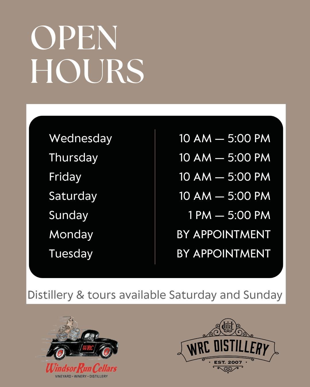We&rsquo;re back to full-time hours this month! Join us Wednesday through Saturday from 10&ndash;5 and Sunday from 1&ndash;5. Distillery tours are available on the weekends. We look forward to seeing you!