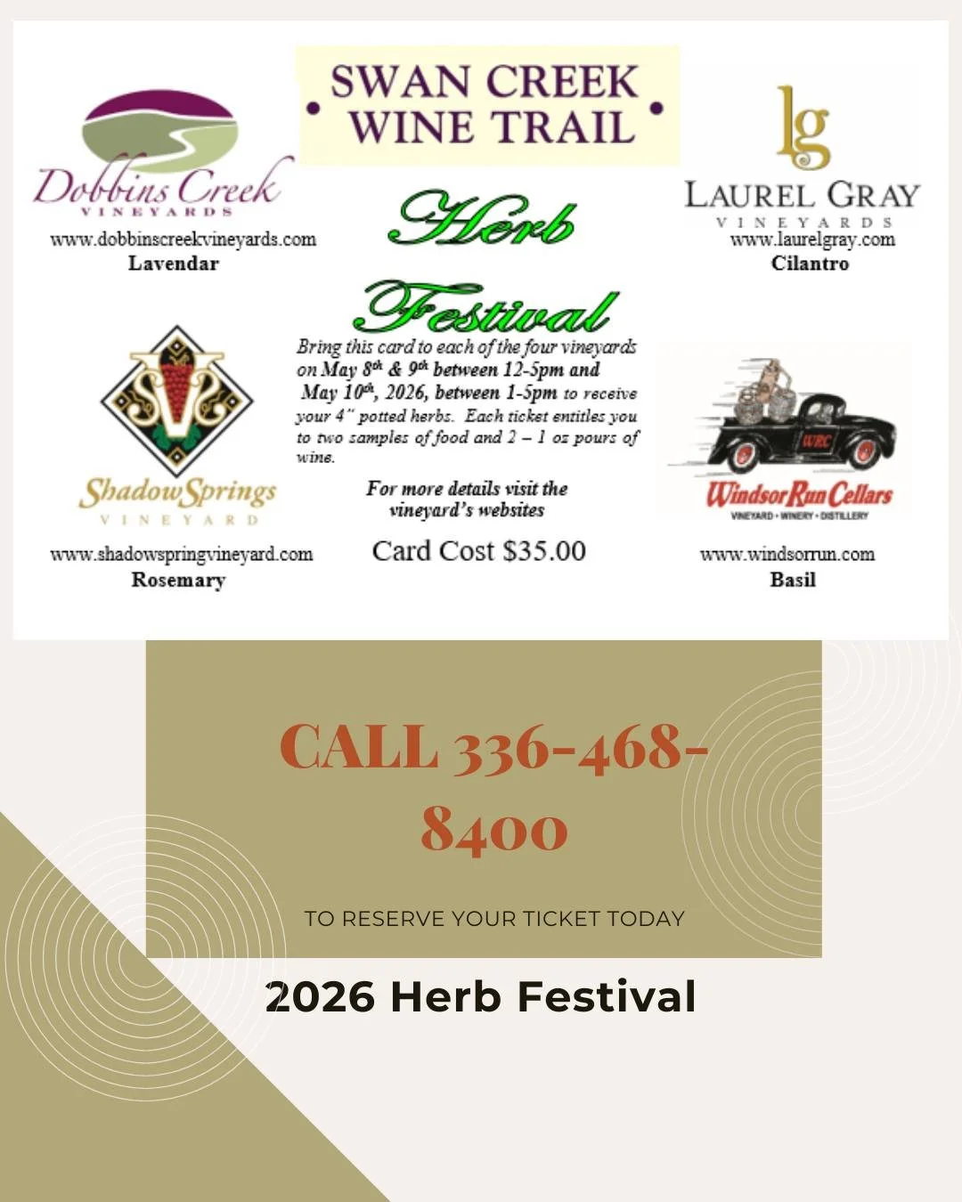 🌱 A Different Kind of Wine Weekend 🍷

The Swan Creek Herb Festival (May 8&ndash;10) is all about slowing down and enjoying the little things&mdash;good wine, fresh flavors, and time well spent.

Travel the trail and stop at four local vineyards, wh