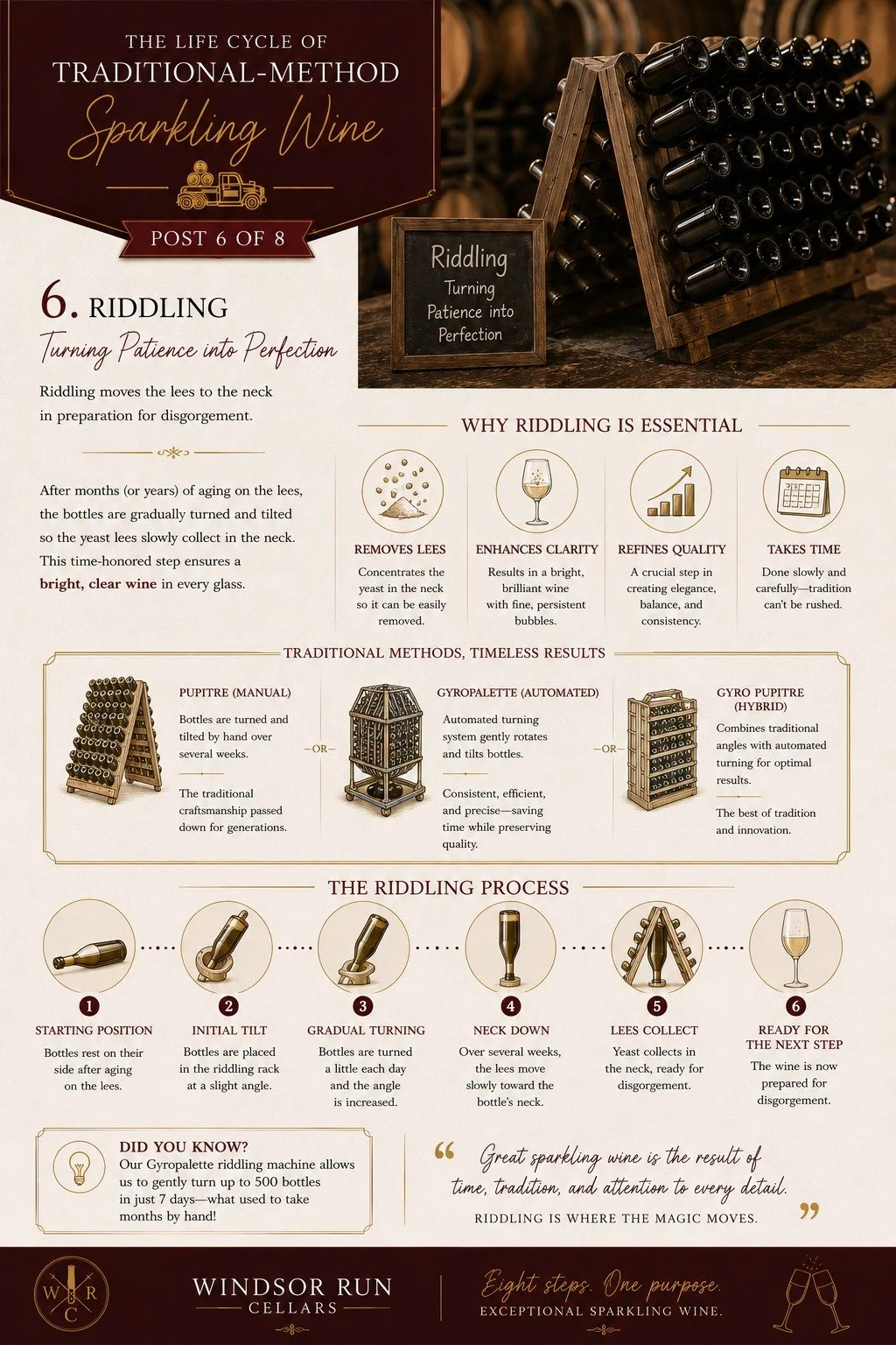 The Life Cycle of Traditional-Method Sparkling Wine &bull; Part 6 of 8

The journey from grape to sparkling wine continues. In Part 6, the bottles enter riddling, where they are slowly rotated and tilted so the spent yeast settles neatly into the nec