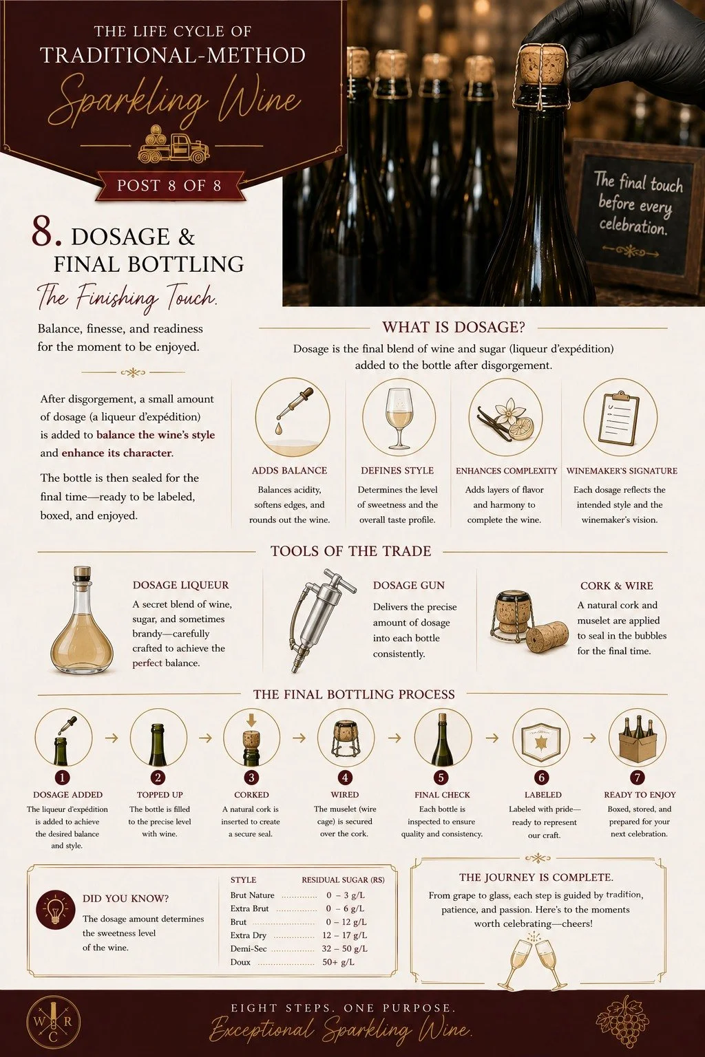 The Life Cycle of Traditional-Method Sparkling Wine &bull; Part 8 of 8

The journey from grape to sparkling wine is complete. In Part 8, the wine receives its dosage, a carefully measured addition of wine after disgorgement that helps define the fina