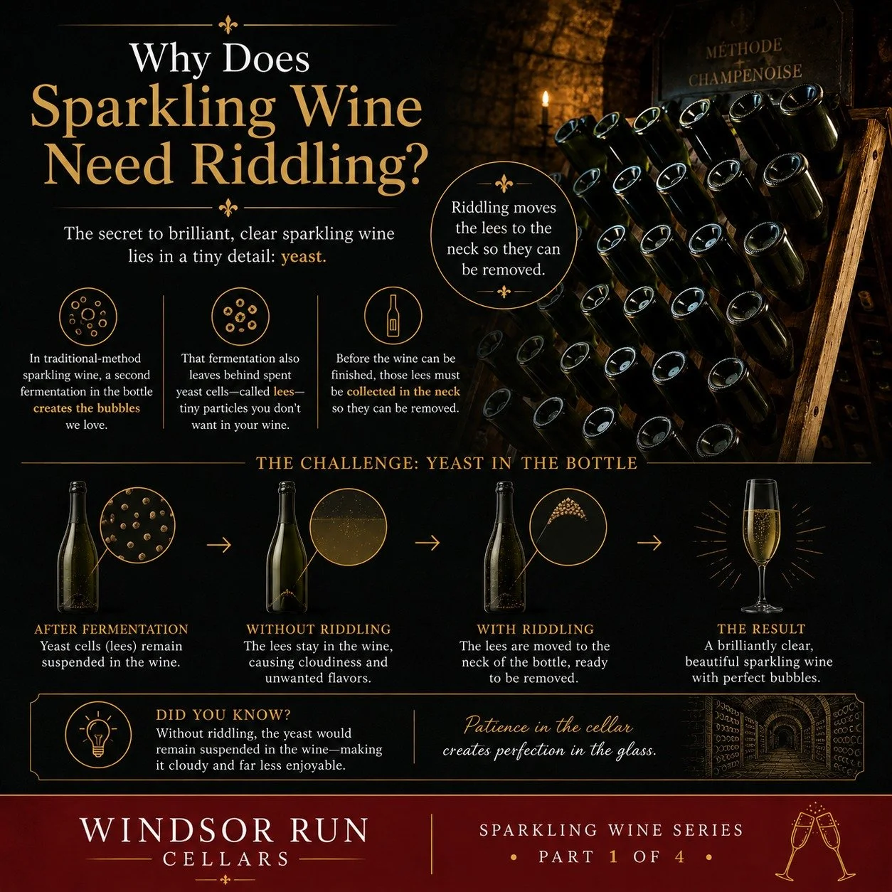 The History of Riddling &bull; Part 1 of 4

Sparkling wine is famous for its bubbles, but those bubbles leave behind something else: tiny spent yeast cells called lees. In Part 1, we're exploring why riddling became one of the most important innovati
