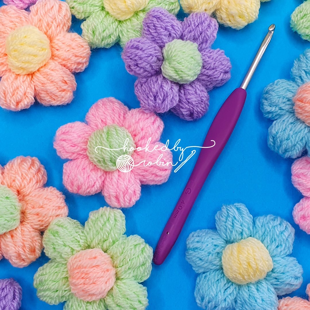 Crochet Puffy Flowers Written Pattern — Hooked by Robin