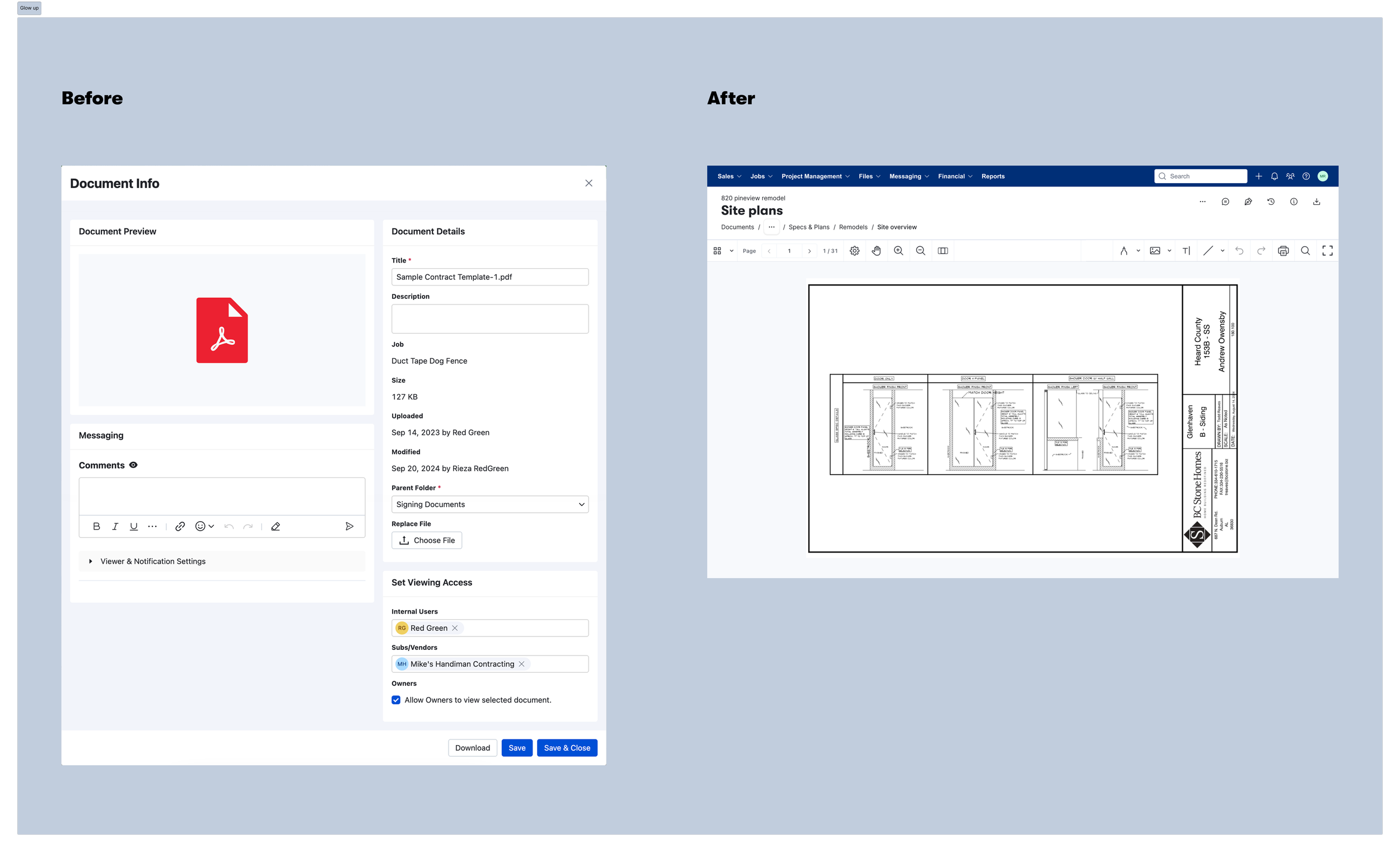 Visual showing a file viewer before and after updates in Buildertrend