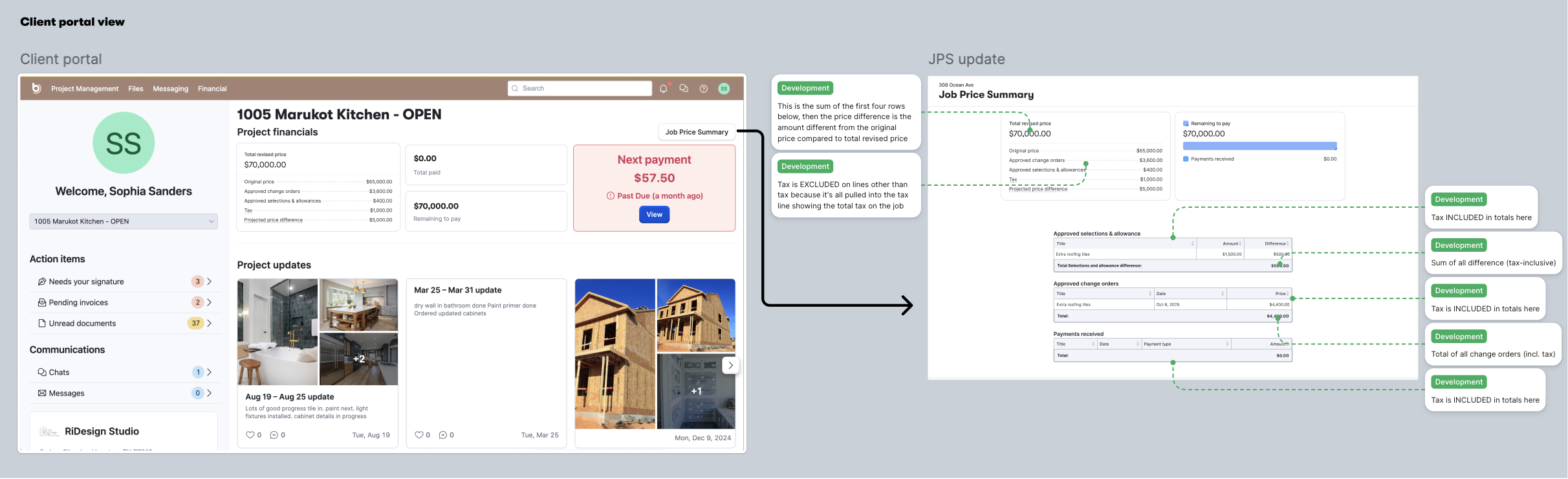 Shows a client portal from Buildertrend, and how a client navigates to the Job Price Summary to view a job's price, including tax