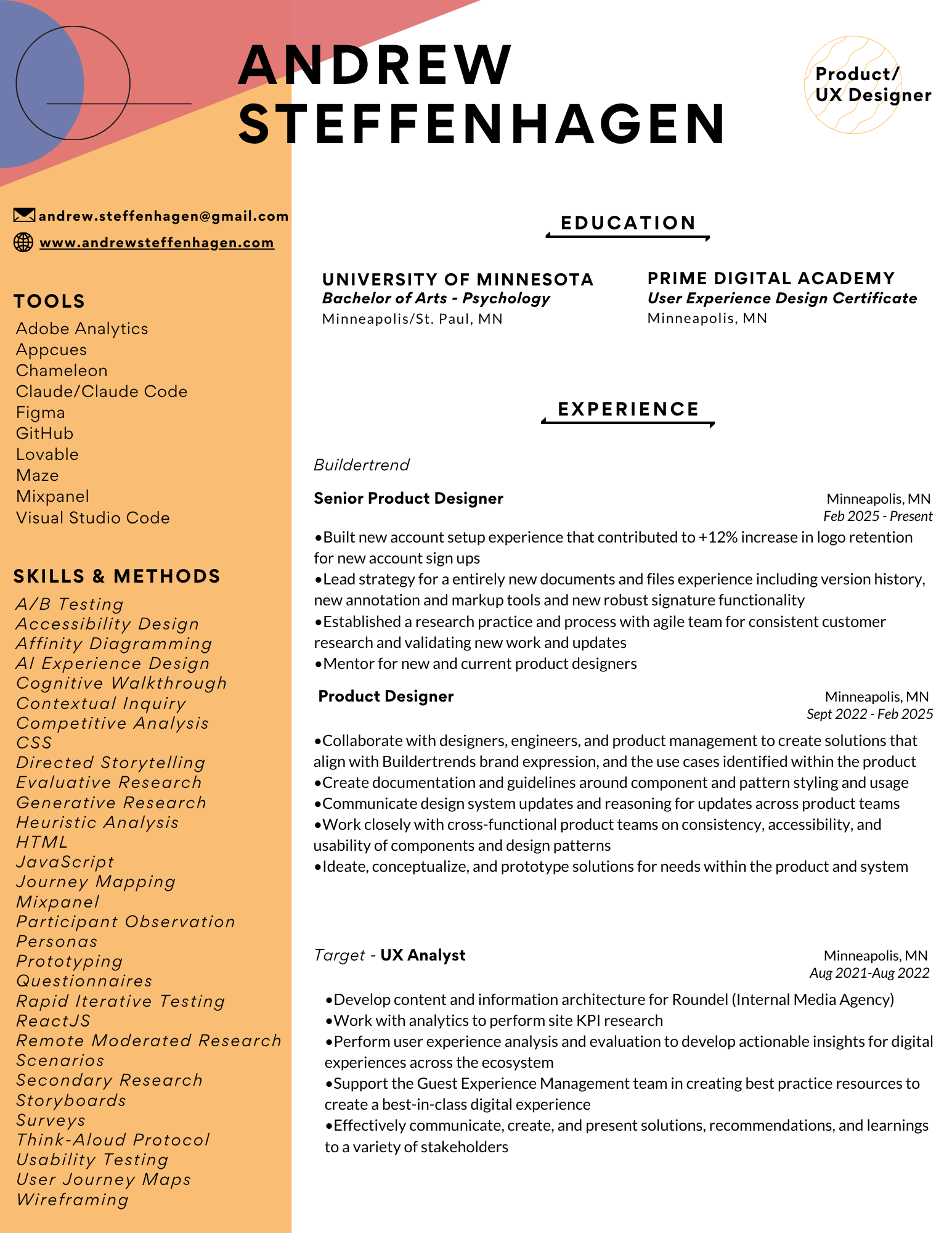 A resume outlining education, work positions, tools, skills and methods used, and contact information for Andrew Steffenhagen