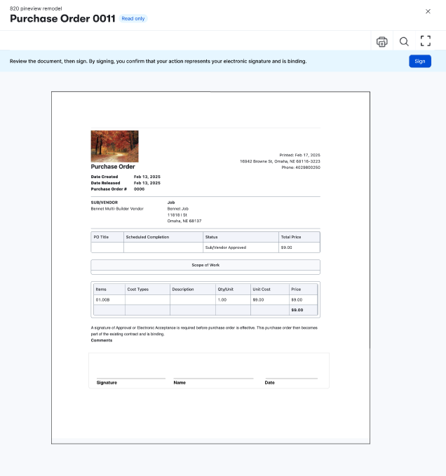 Purchase order signature UI