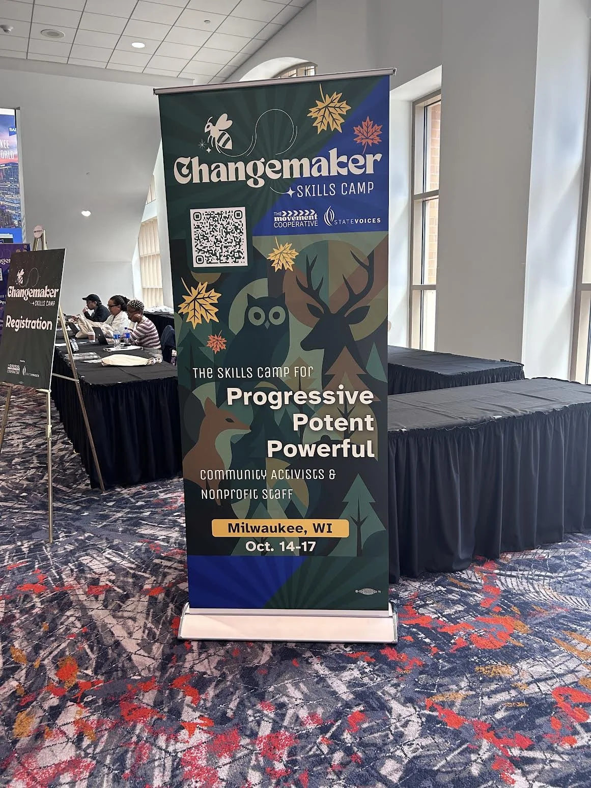 One of three primary pop-up branding signs for Changemaker Skills Camp 2025