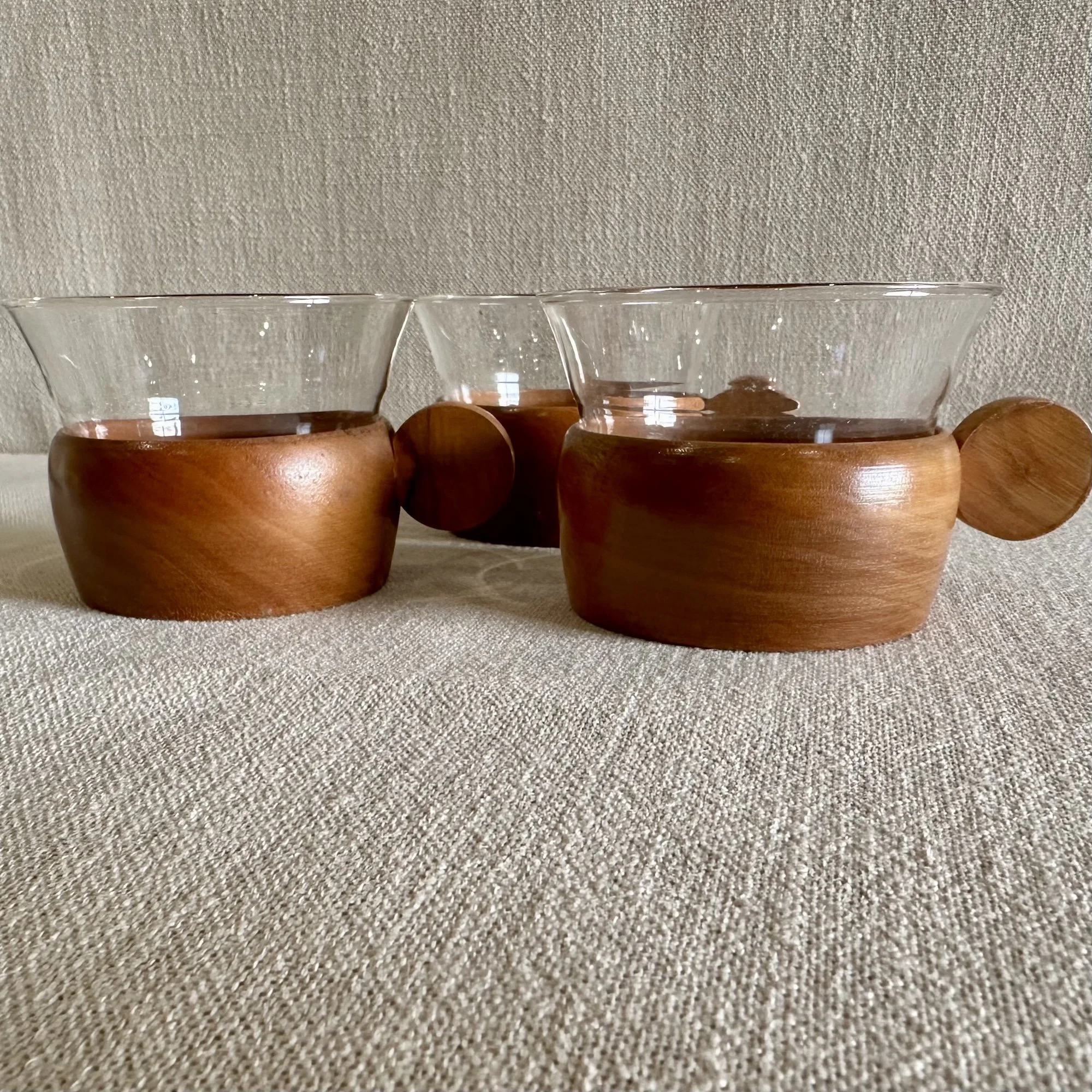 Vintage Glass and Teak Coffee Cups