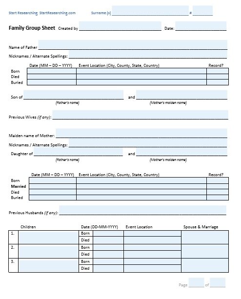 Family Group Sheet (Start Researching)