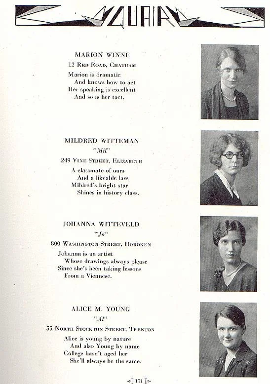   https://deadfred.com/photos/16090.jpg    Comments:  Alice M Young (Nee: ) | Trenton NJ USA | 1930 | Comments: Juniors-1930  Quair  New Jersey College for Women, of Rutgers University - 