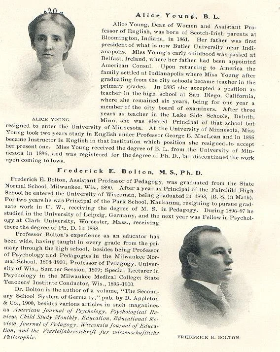   https://deadfred.com/photos/16127.jpg    Comments:  Alice Young (Nee: ) | Iowa City IA USA | 1902 | Comments: Alice Young/Dean of Women-Frederick Bolton -Prof of Pedagogy - 1902  Hawkeye  University of Iowa , Iowa City IA 