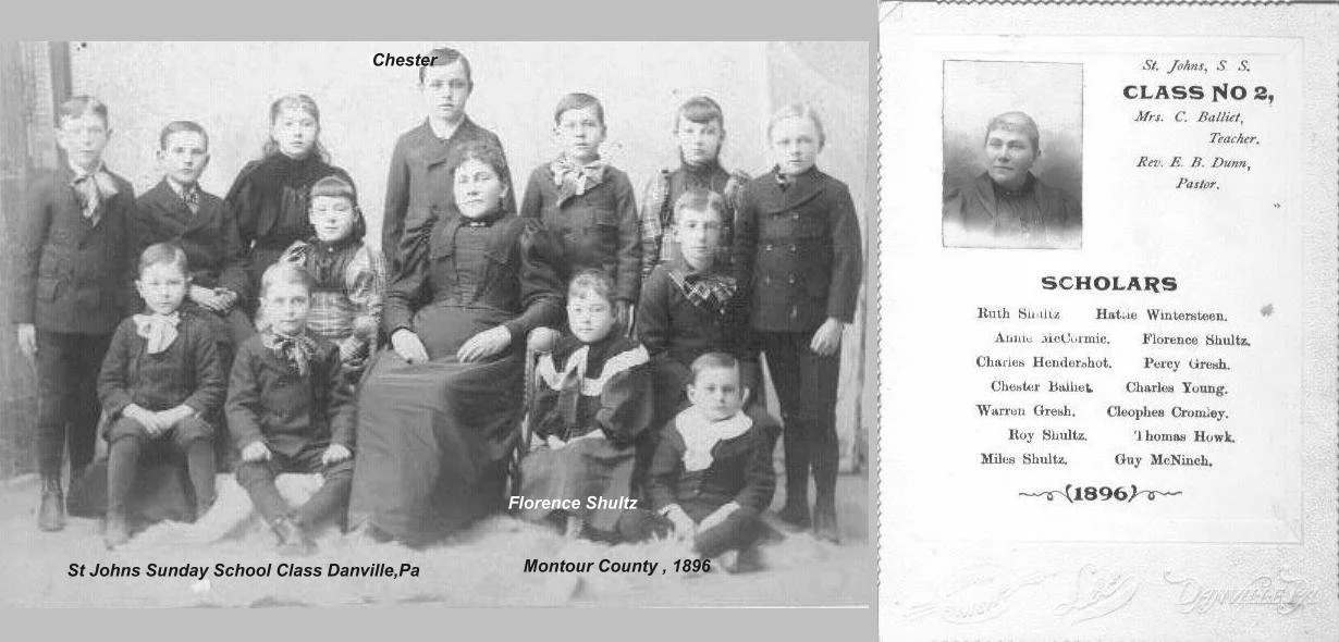  https://deadfred.com/photos/14780.jpg    Comments:  Charles Young (Nee: ) | Danville Pa United States | 1896 | Comments: Saint Johns Sunday School Class, Danville Pa 1896 Montour Co . Bottom row to left of the teacher is Florence SHULTZ and standin