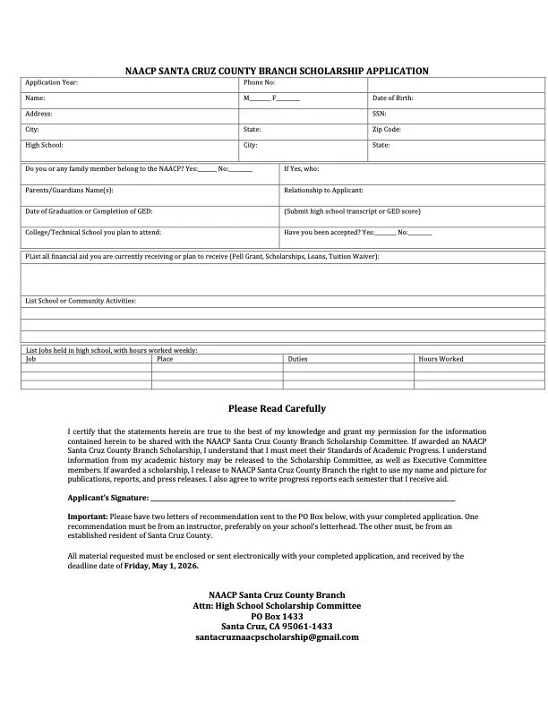NAACP Santa Cruz County Branch Scholarship Application