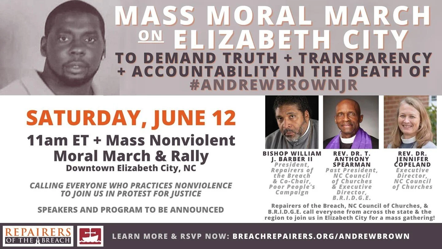 One week from today we're going back to #ElizabethCity for a Mass Moral March &amp; Rally. We're calling everyone who practices nonviolence to join us to protest for #JusticeForAndrewBrown #AndrewBrownJr

Learn more &amp; RSVP now to let us know you're coming: breachrepairers.org/andrewbrown