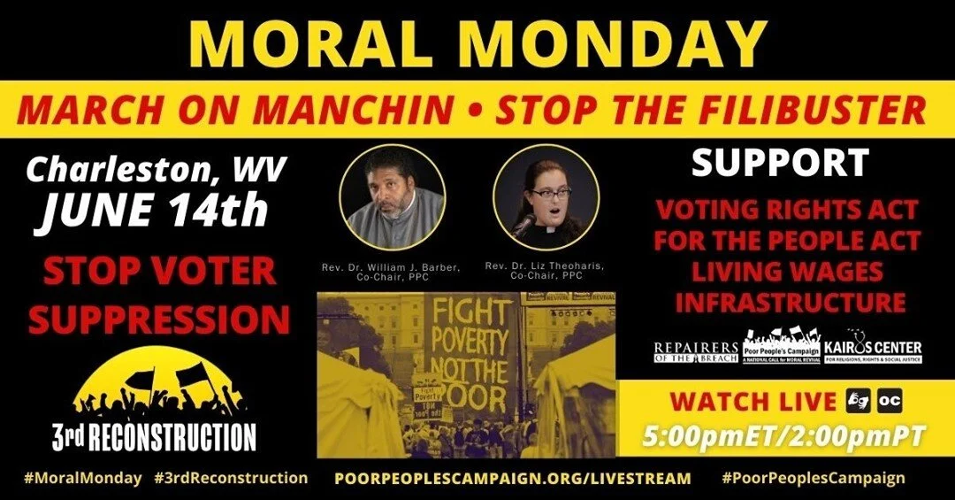 RSVP now and let us know you're coming to join us in Charleston, WV, on #MoralMonday 6/14 at 5pm ET for a nonviolent Moral March on Manchin!

RSVP now: https://actionnetwork.org/events/moral-monday-march-on-manchin