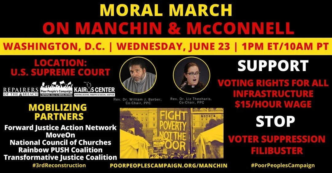 Join us tomorrow (Wednesday 6/23) in person in Washington, DC, or online at 1pm ET for a Moral March on Manchin and McConnell. More details &amp; RSVP: https://www.poorpeoplescampaign.org/manchin/