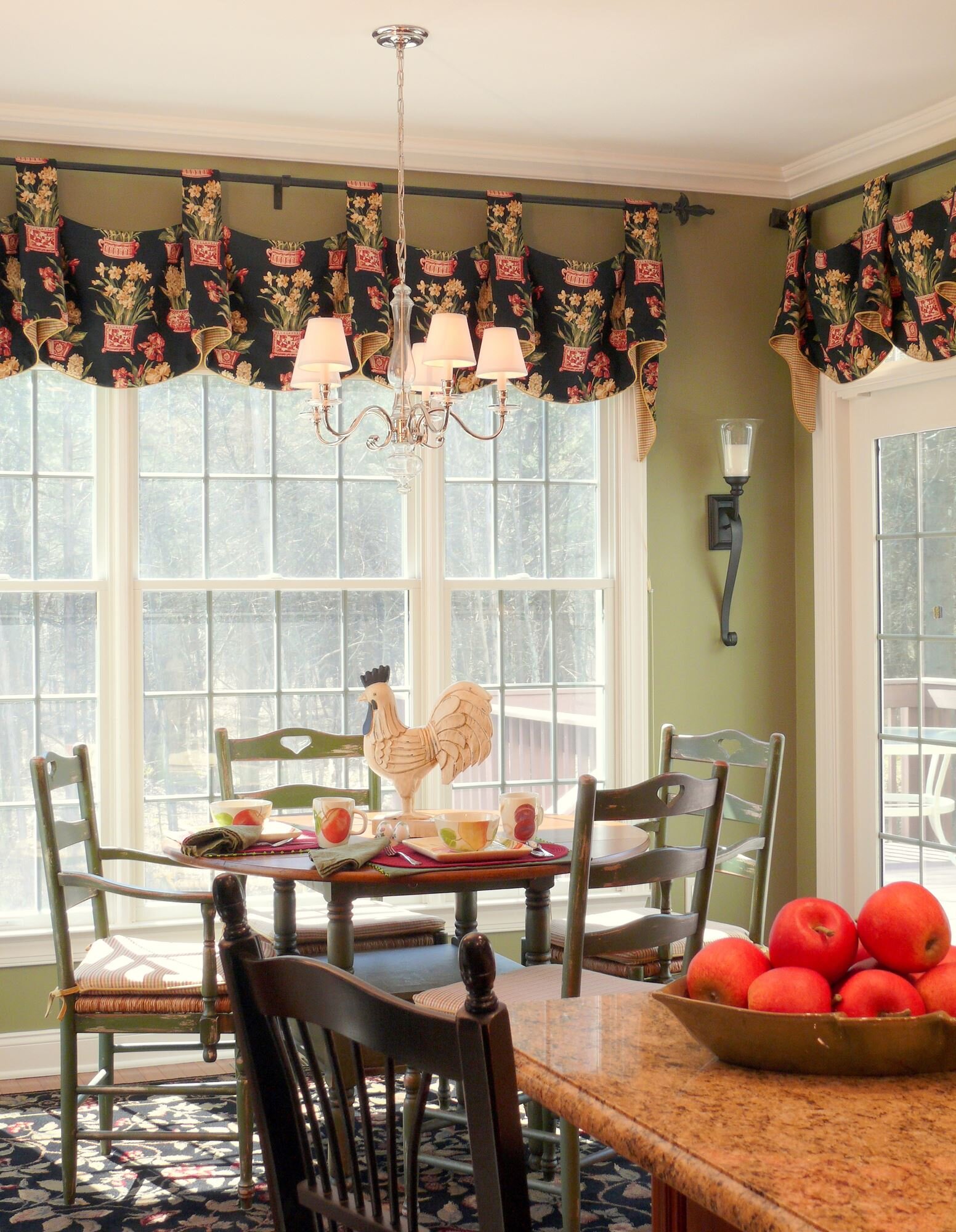 design ideas for farmhouse kitchen with tall window valances