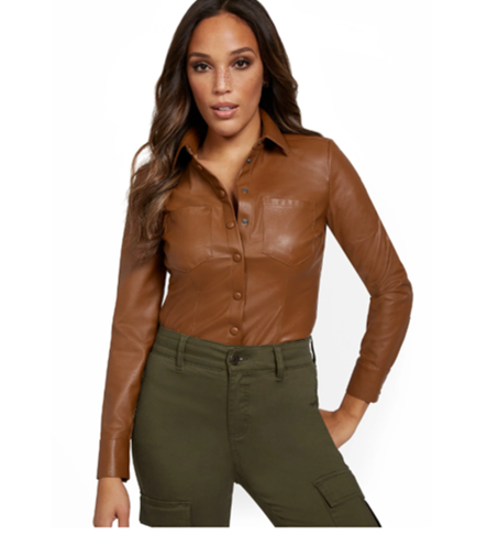 New York & Company Camel Faux-Leather Button-Down Shirt  Size Large