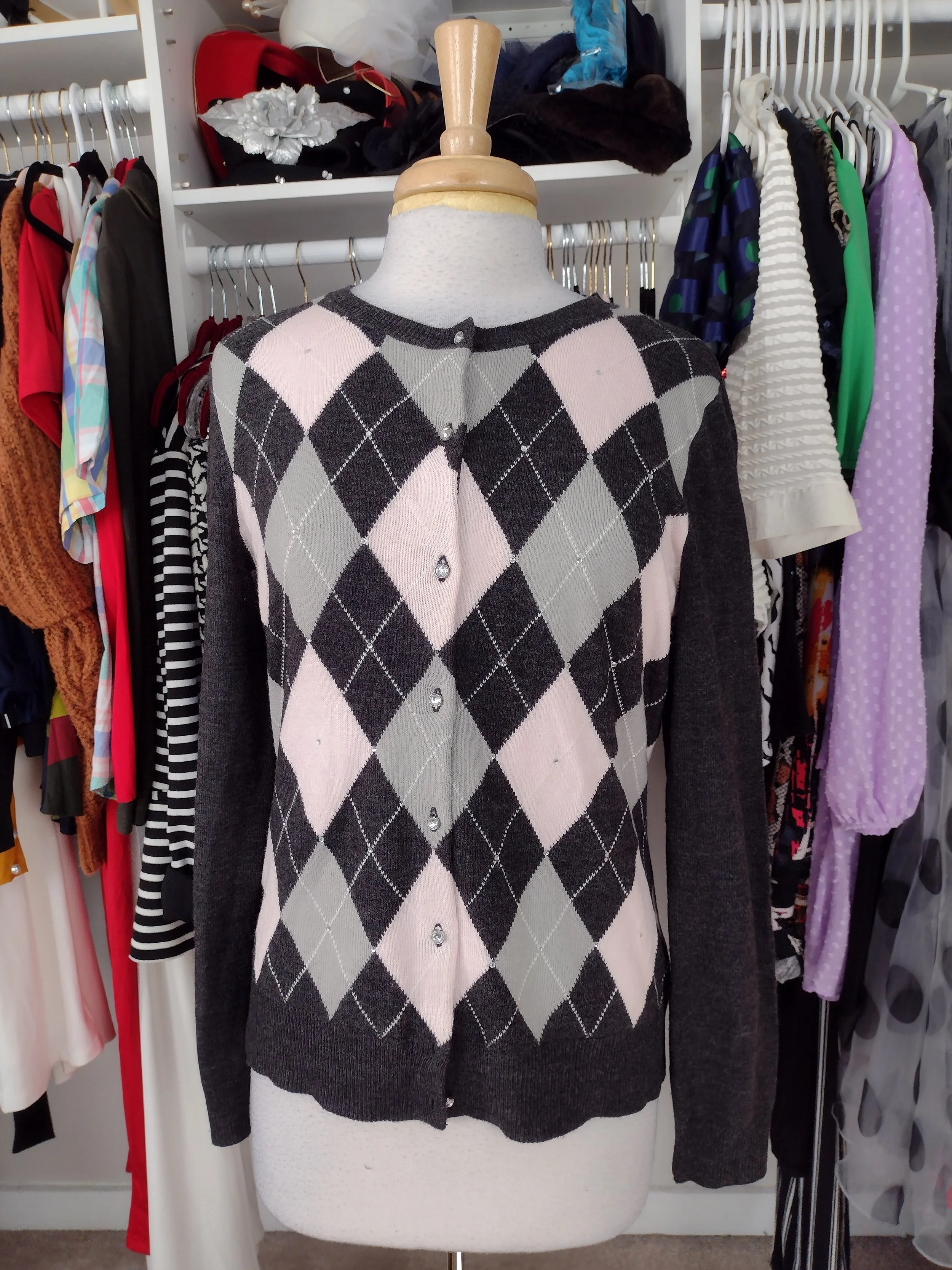 New York and Company Pink and Gray Diamond Button Sweater Size L