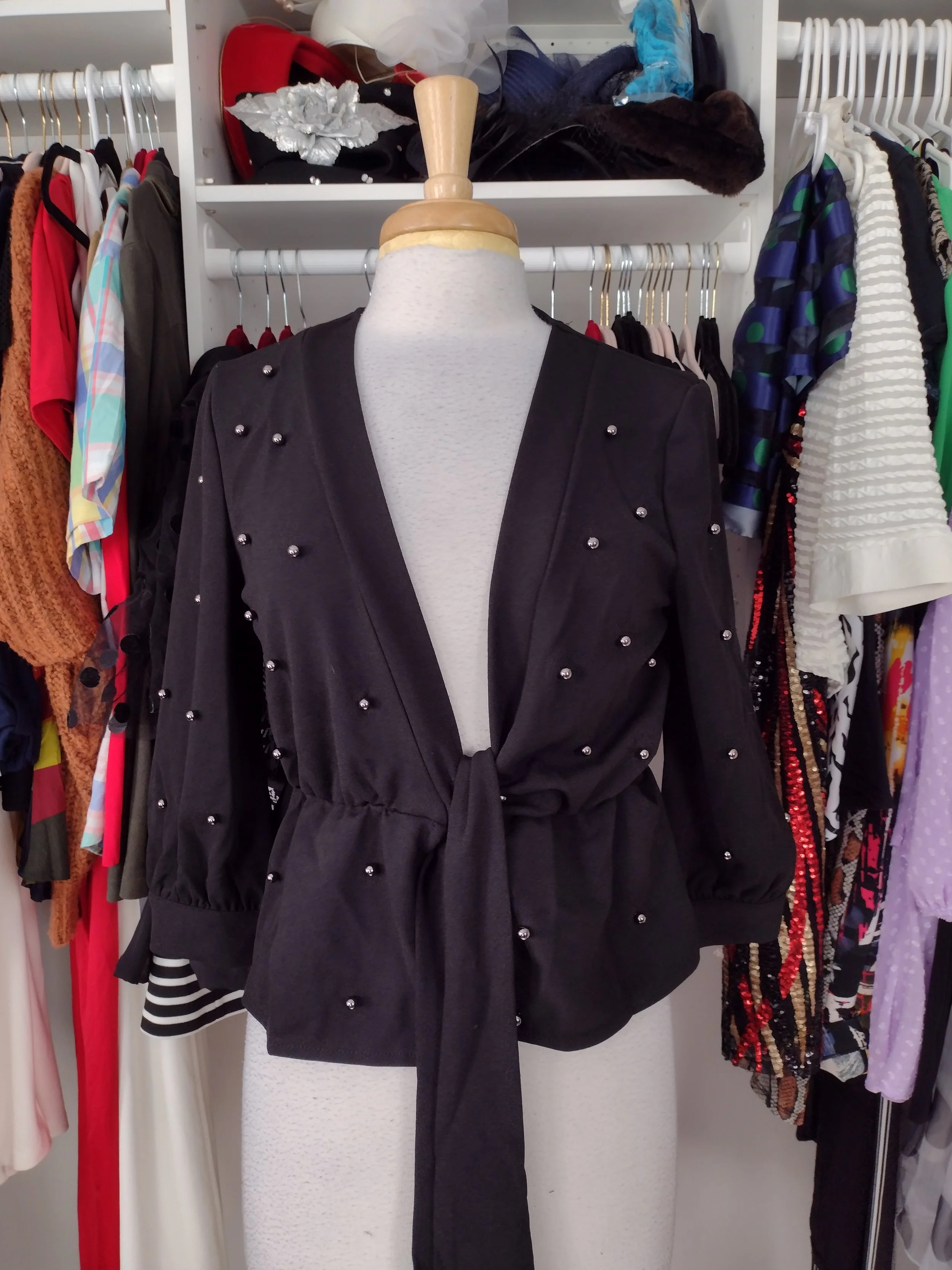 Shein Black Wrap Gun Metal Pearl Top Size S