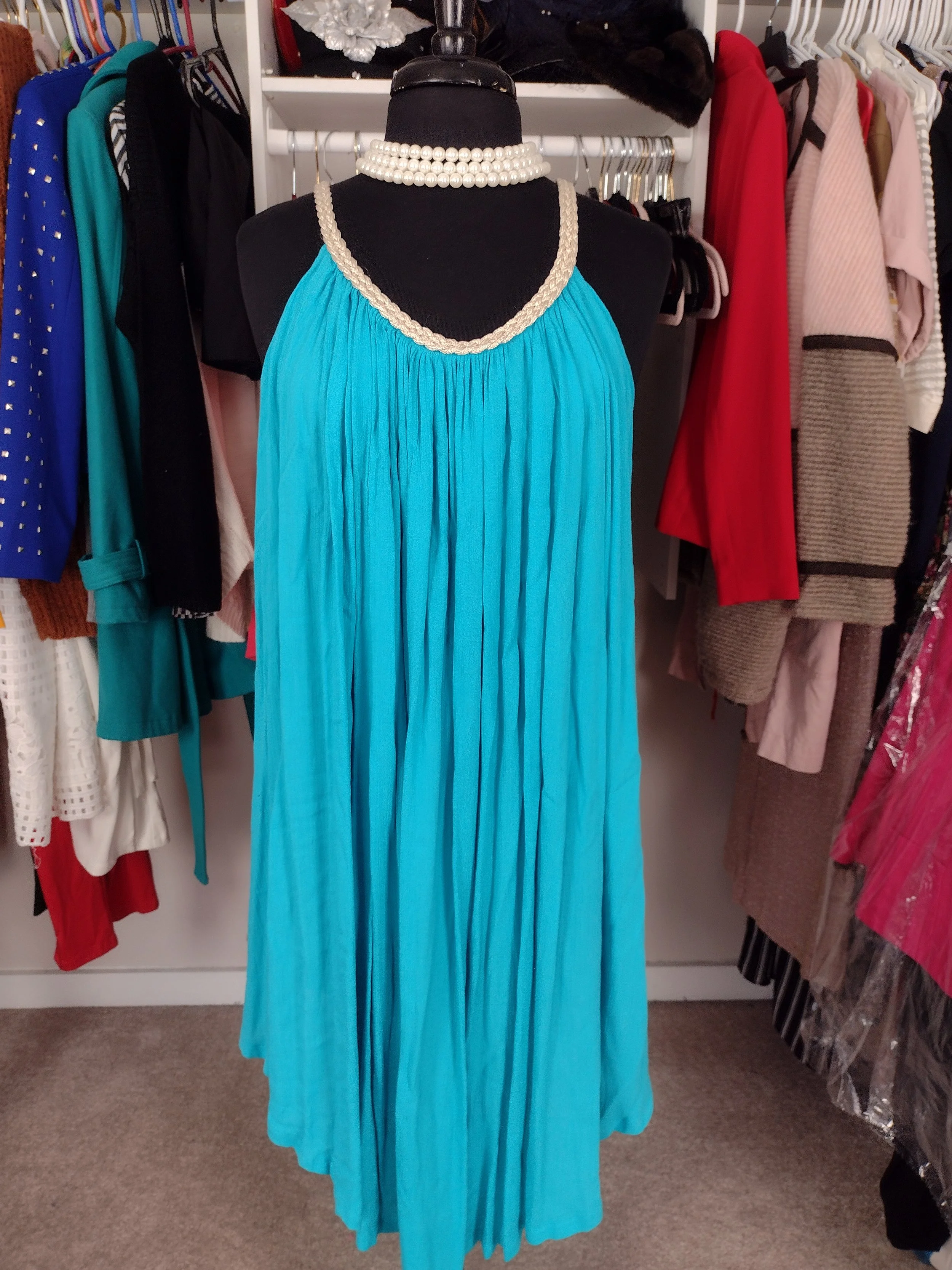 Teal and Gold Neckline Dress Size M up to size 12