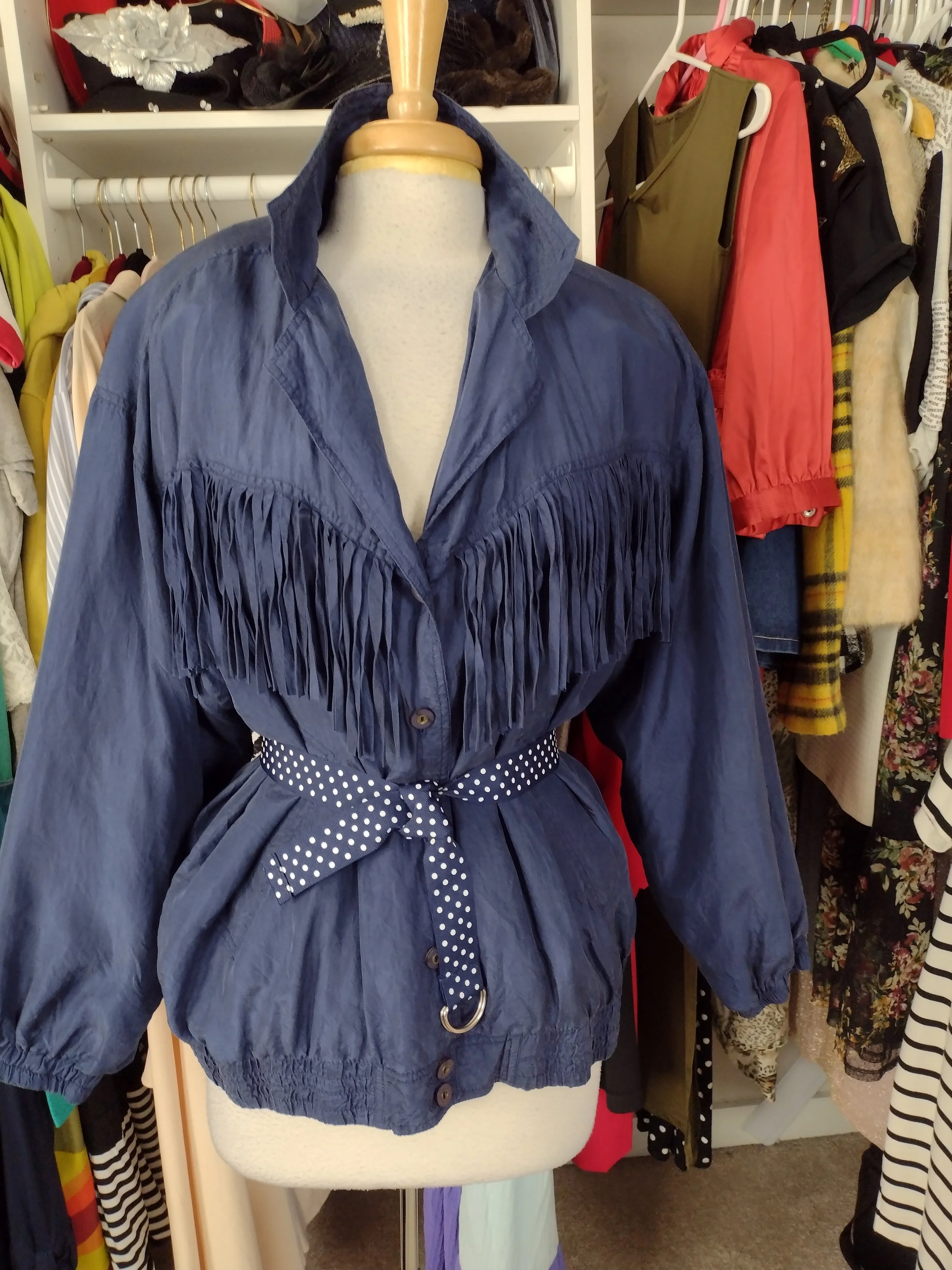 Vintage Navy Fringe Silk Bomber Jacket Size M/L
