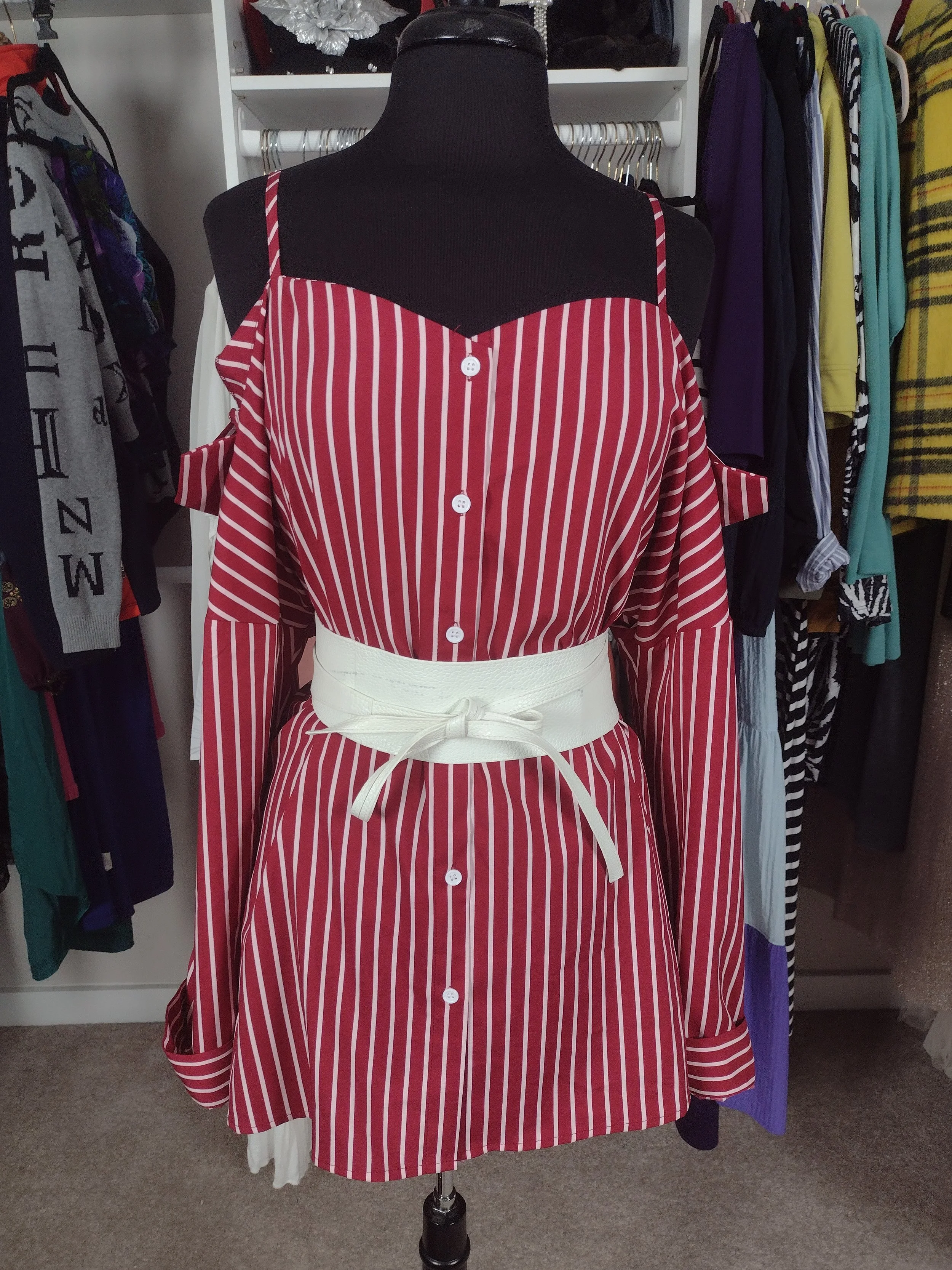 Red Stripe Cold Shoulder Top Size L