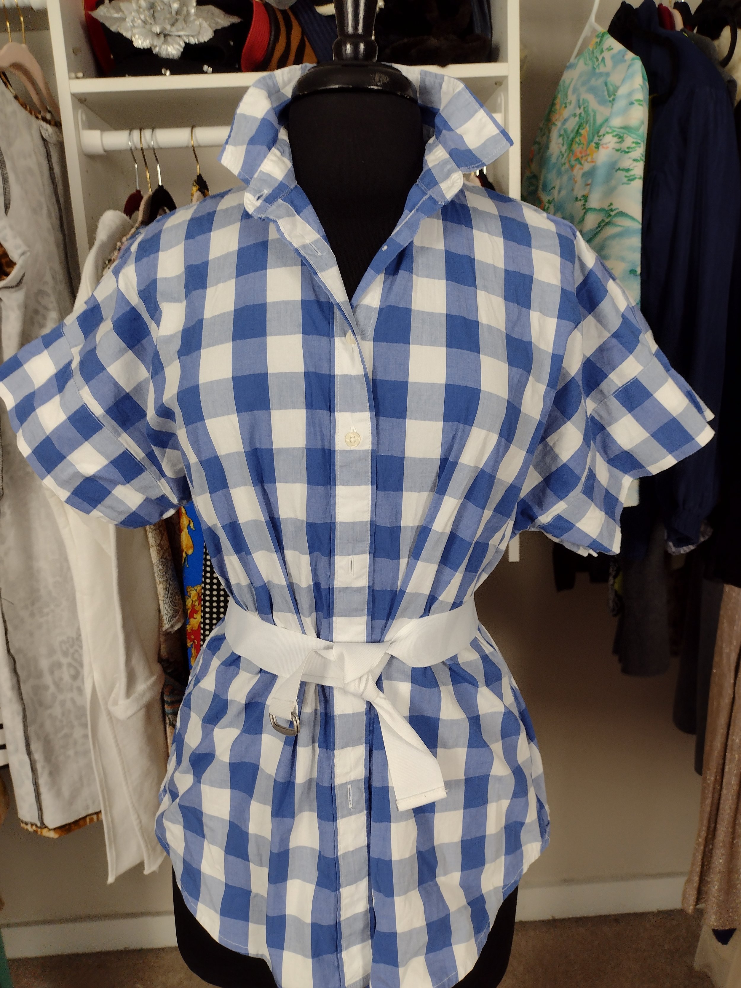 Blue and White Gingham Plaid Shirt Size L
