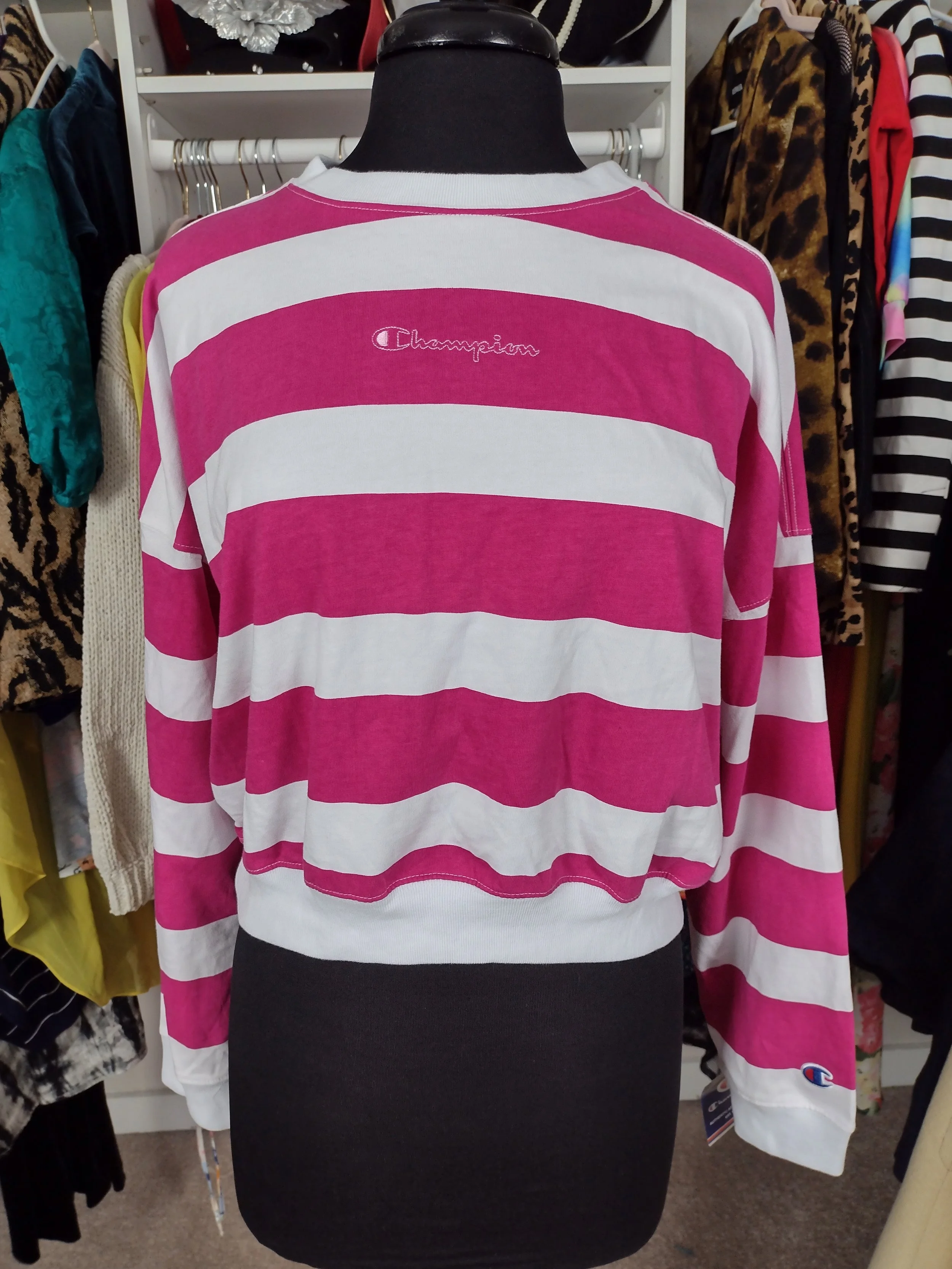New Champion Pink and White Stripe Long Sleeve Crop Top Size M/L