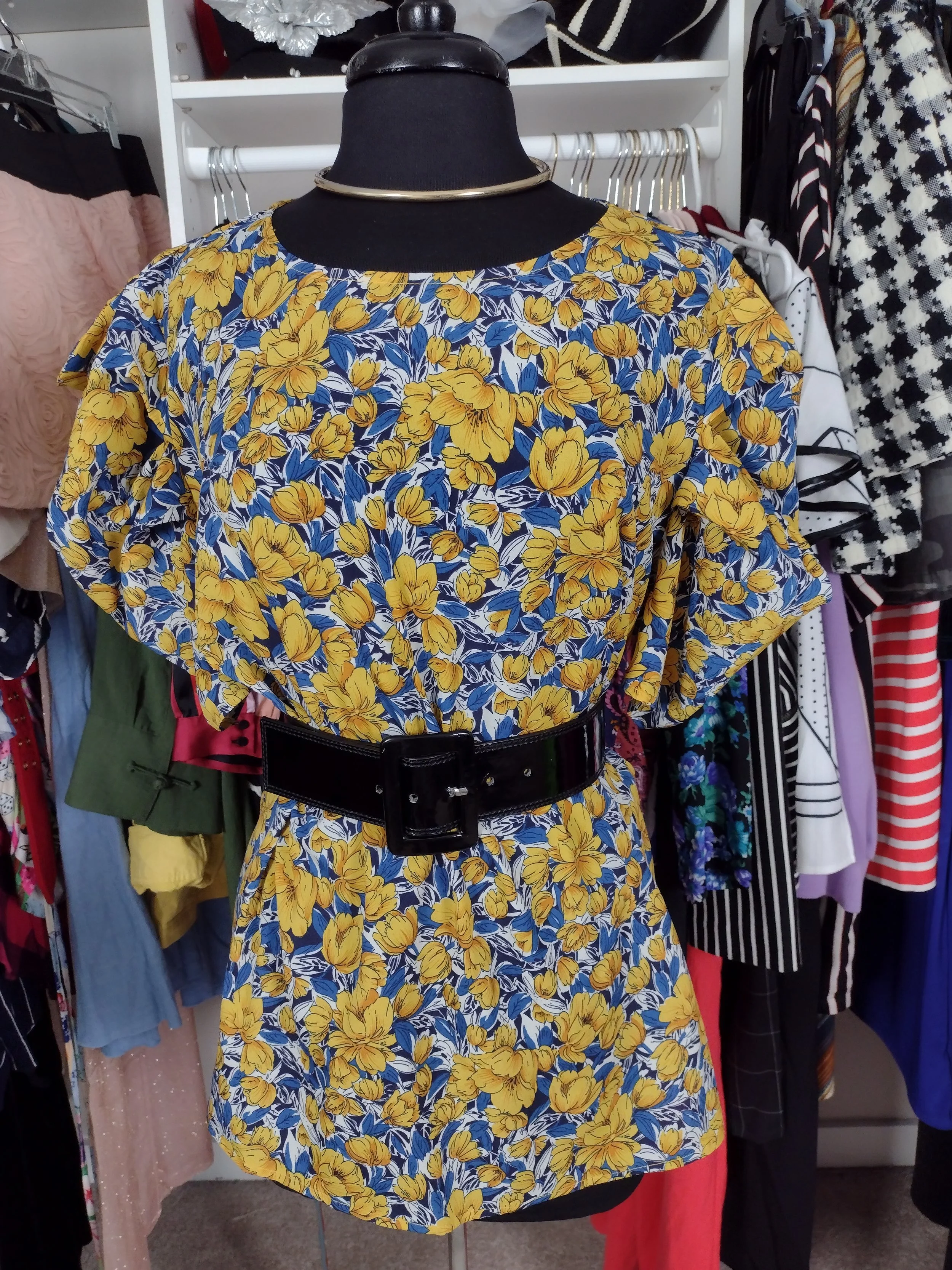 Blue and Yellow Floral Embellished shoulder top Size L/XL