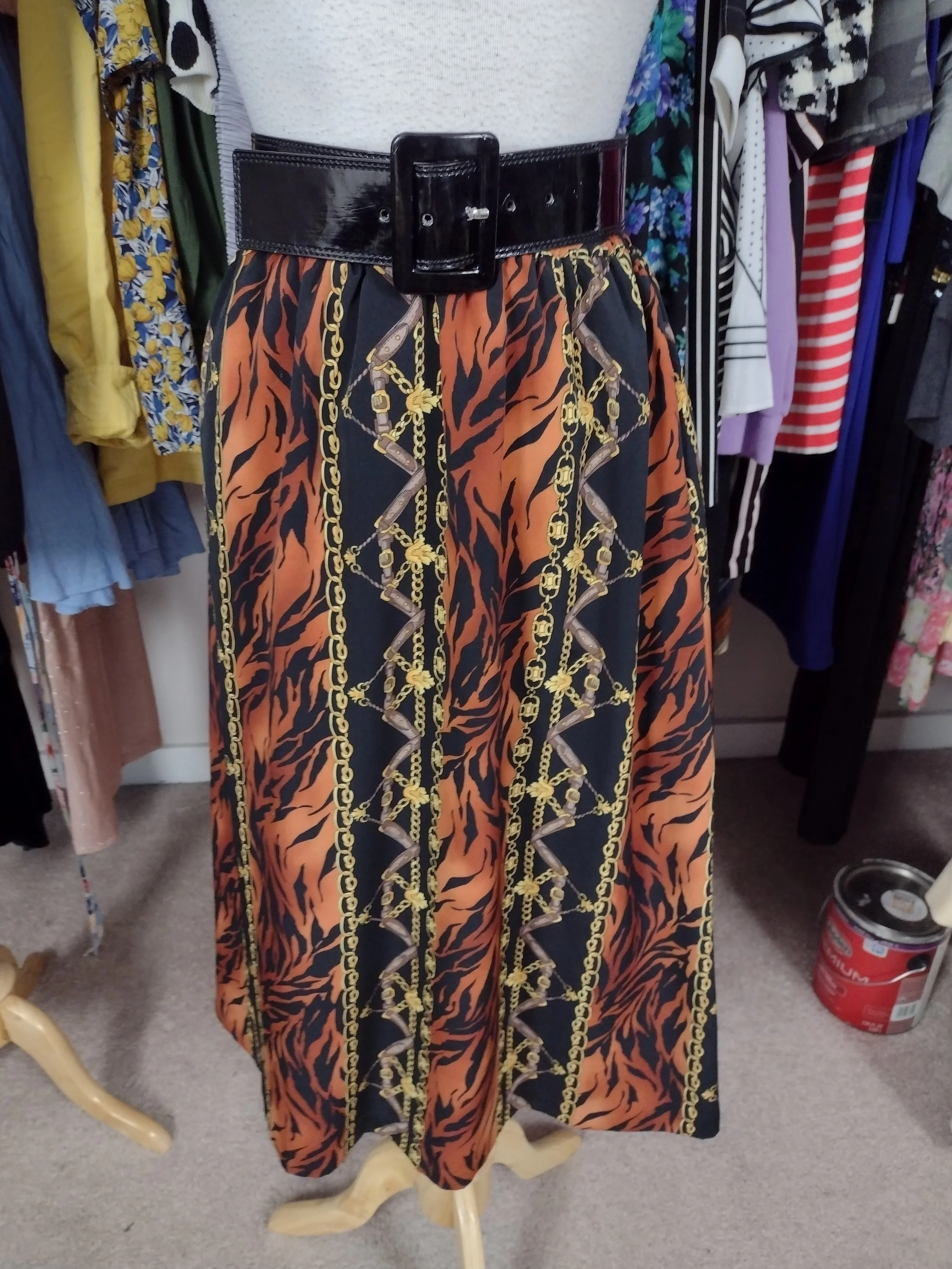 Vintage Animal Print and Gold Chains Pocket Midi Skirt Size L