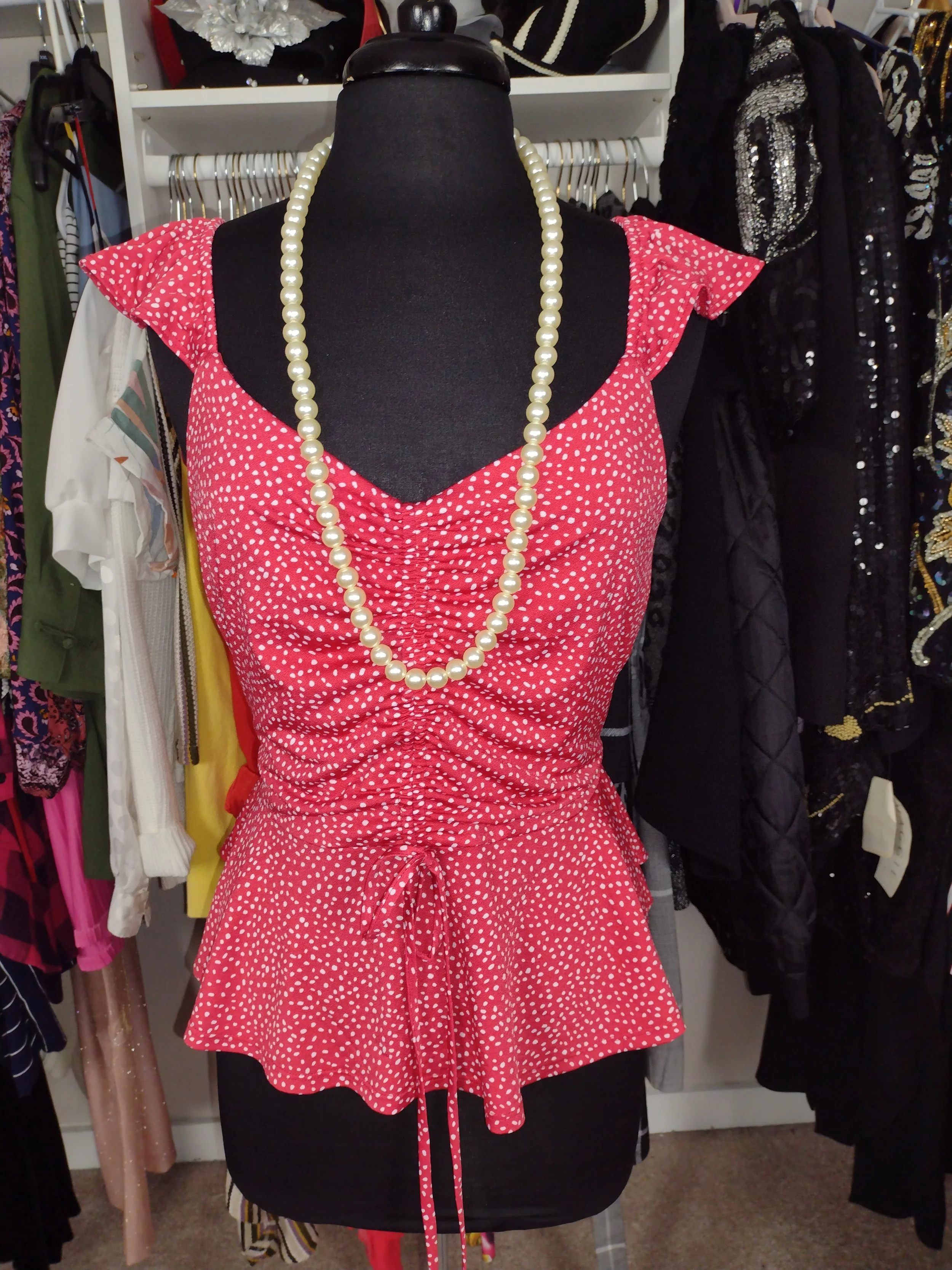 Red and white print peplum top size Large