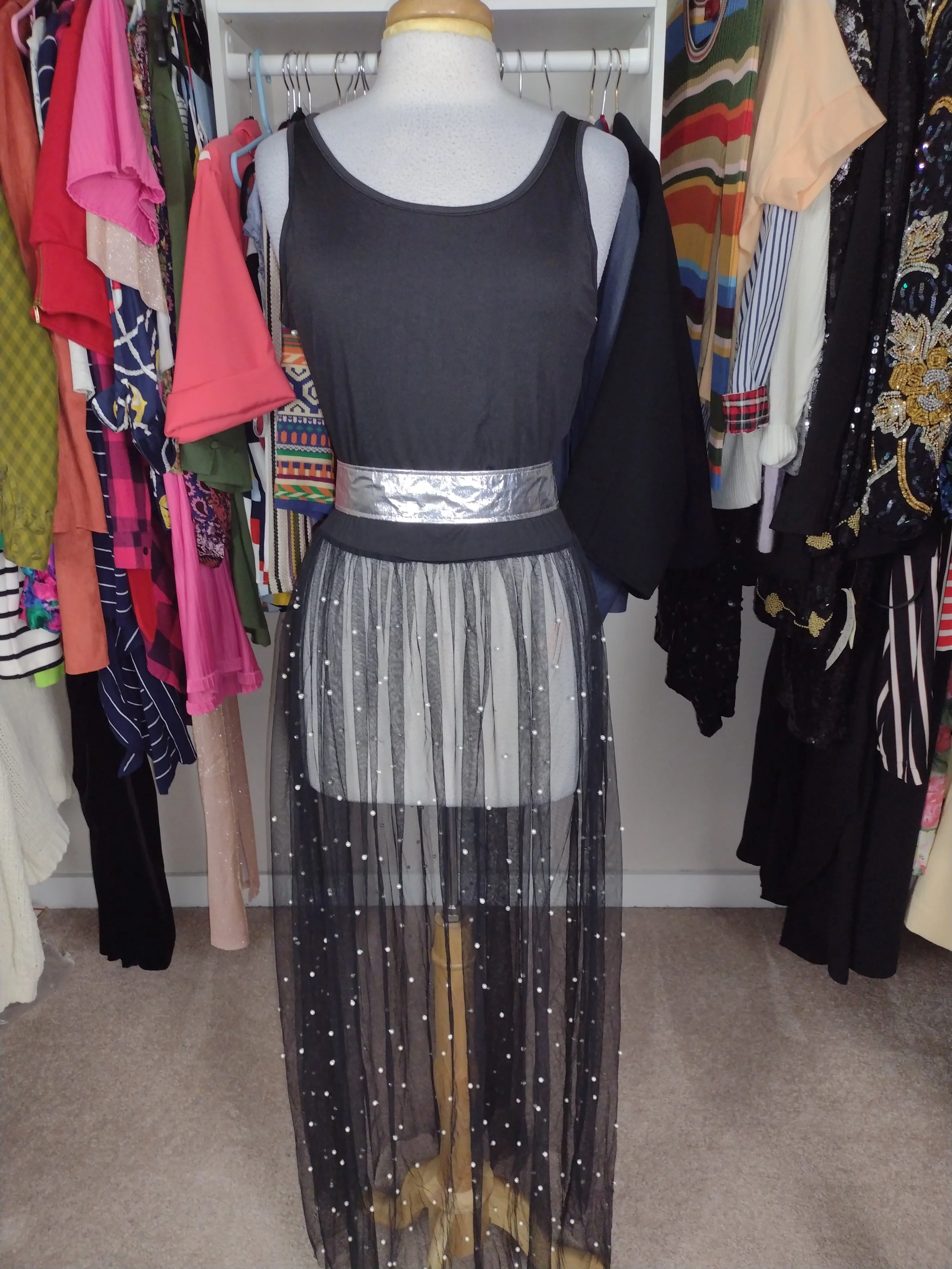 Black tank sheer tulle pearl dress Size Large