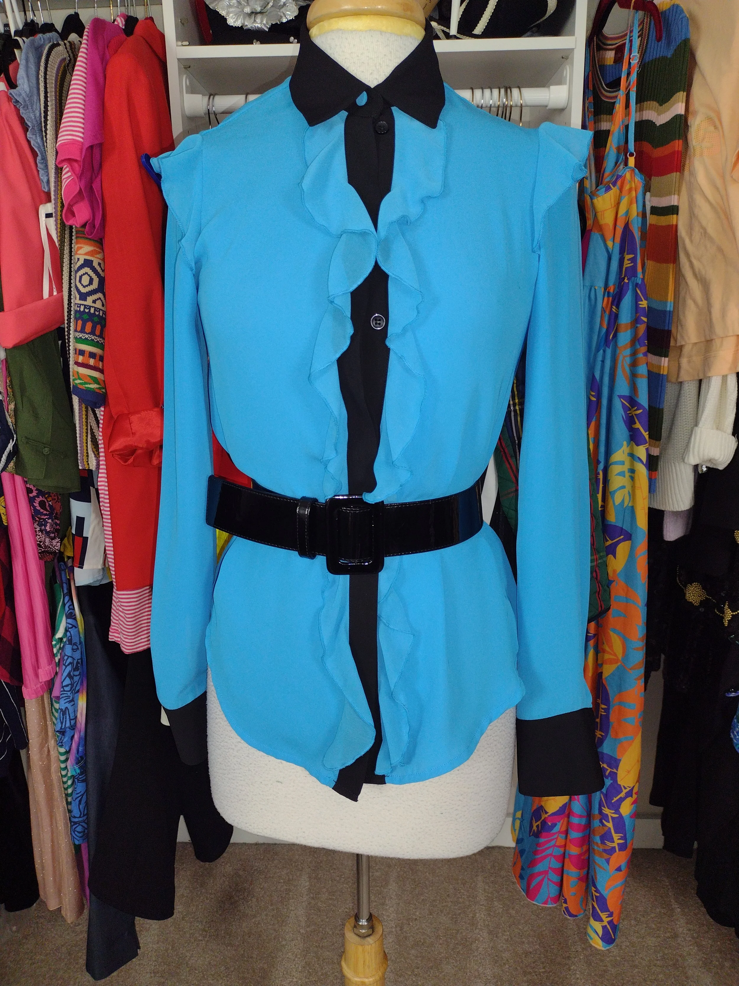 Blue and Black Color Block Ruffle Blouse Size S