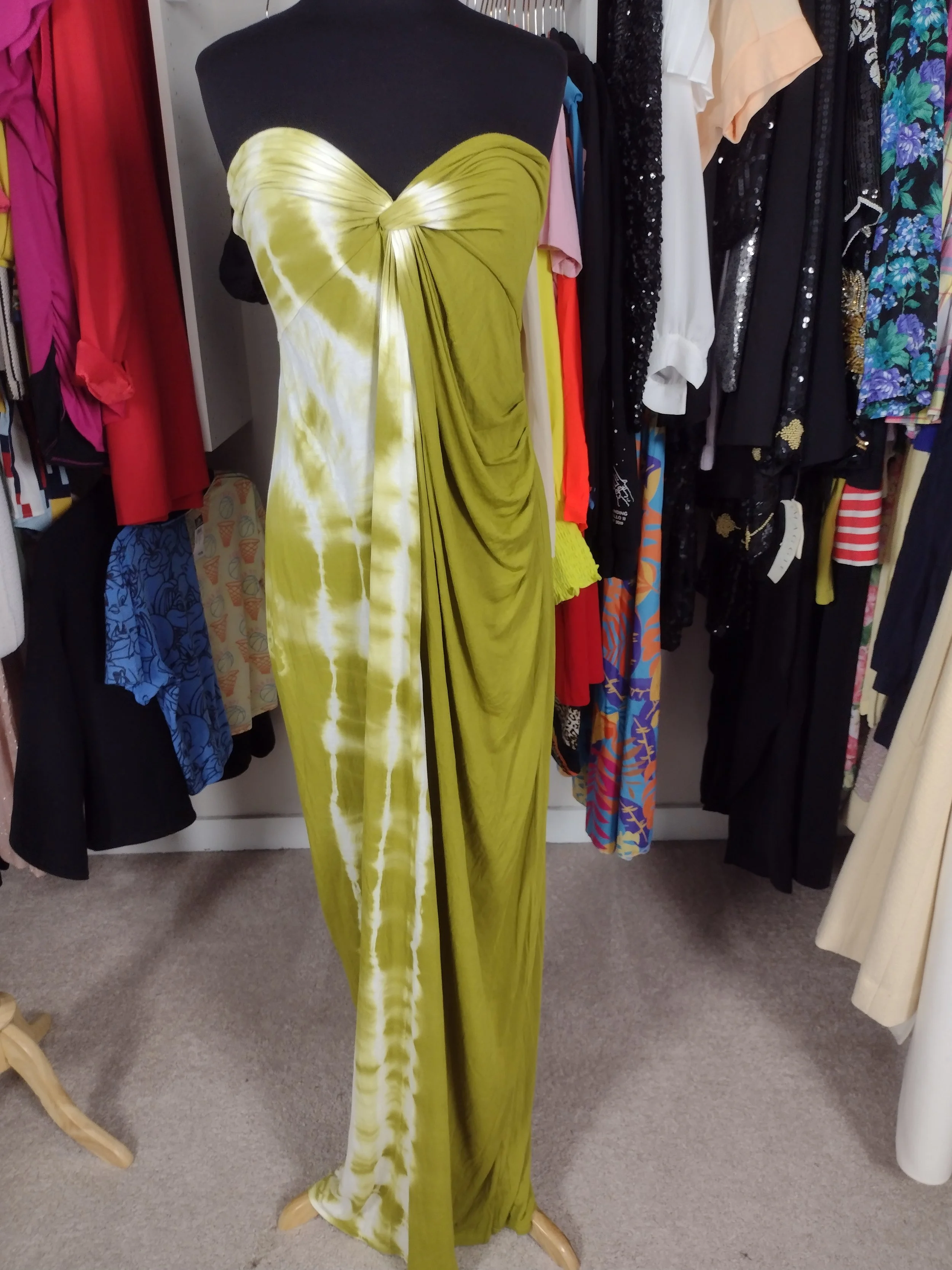 Olive and white tie dye strapless dress Size L