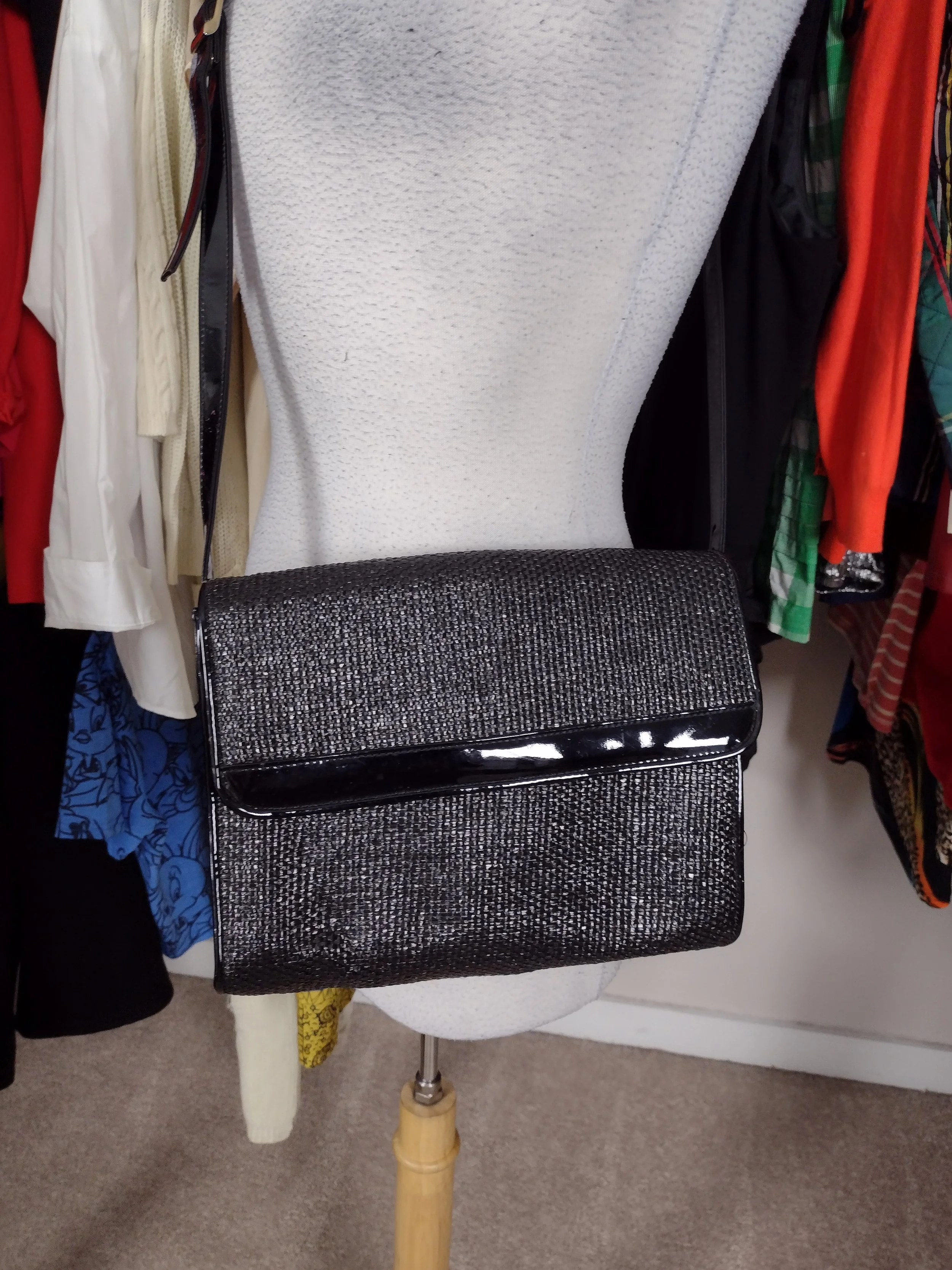 Black Patent Straw Shoulder Bag Clutch