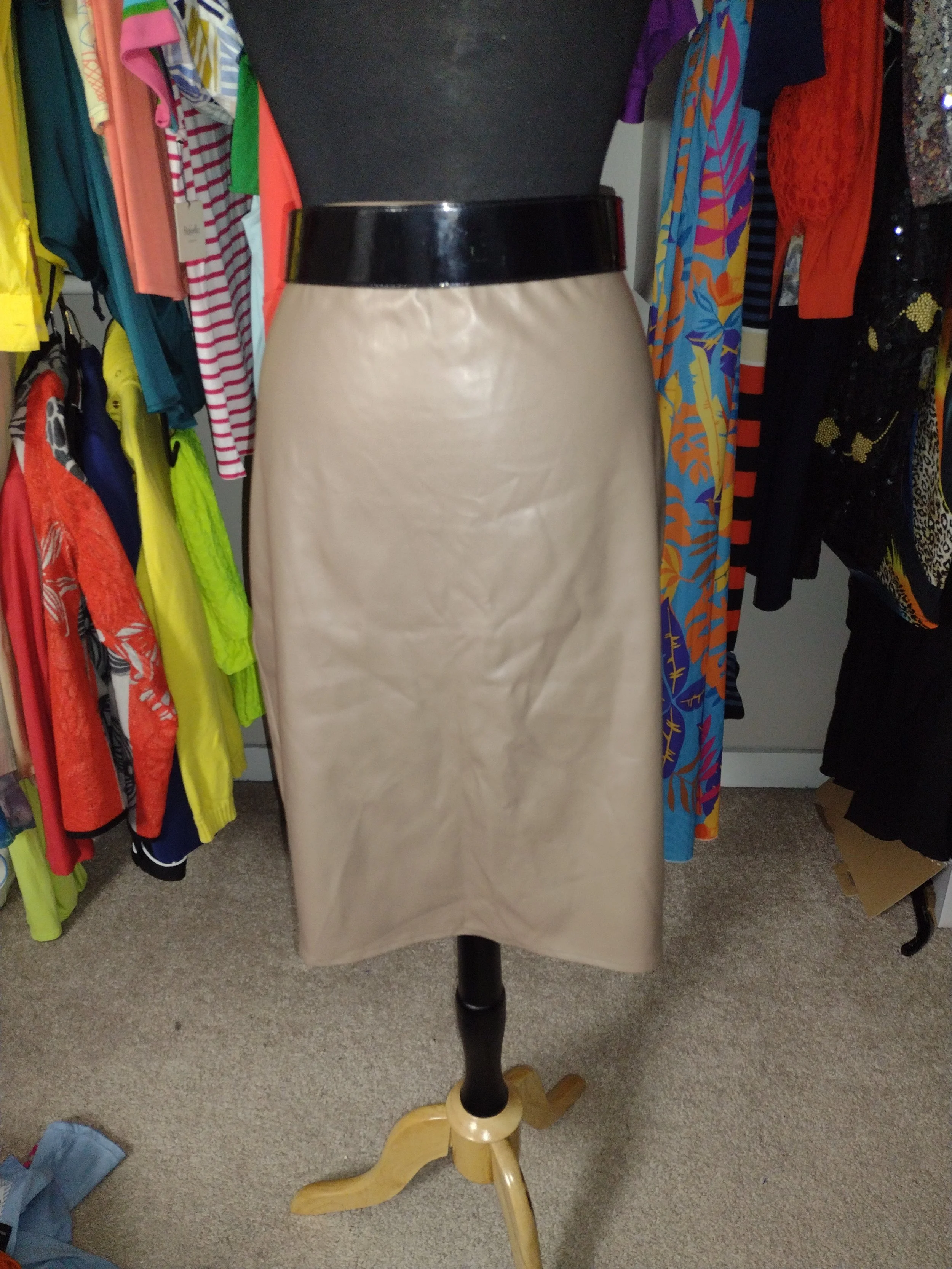 Kate Kasin Taupe Fauxe Leather Skirt Size XL
