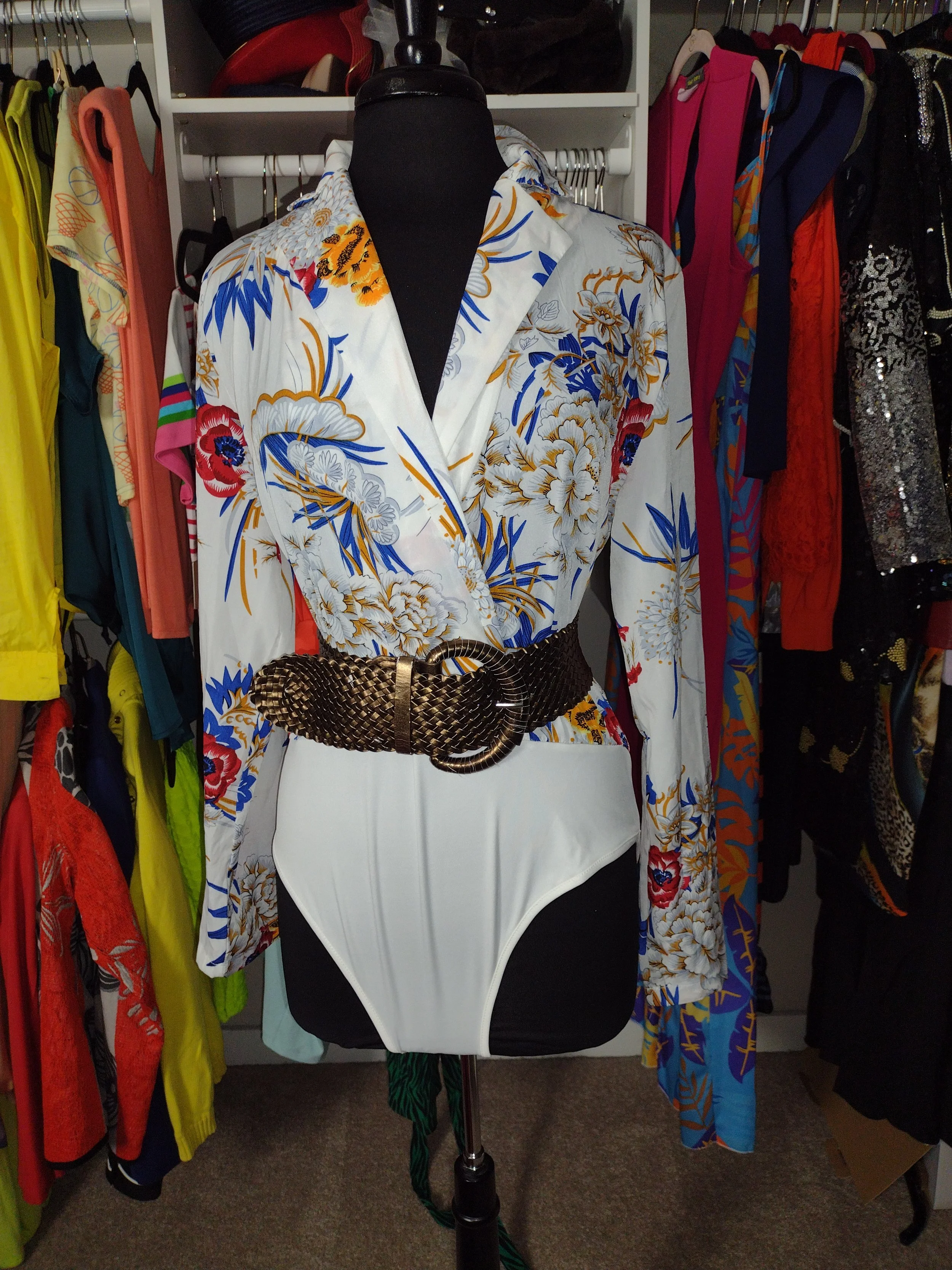 White Floral Print Bodysuit Size L