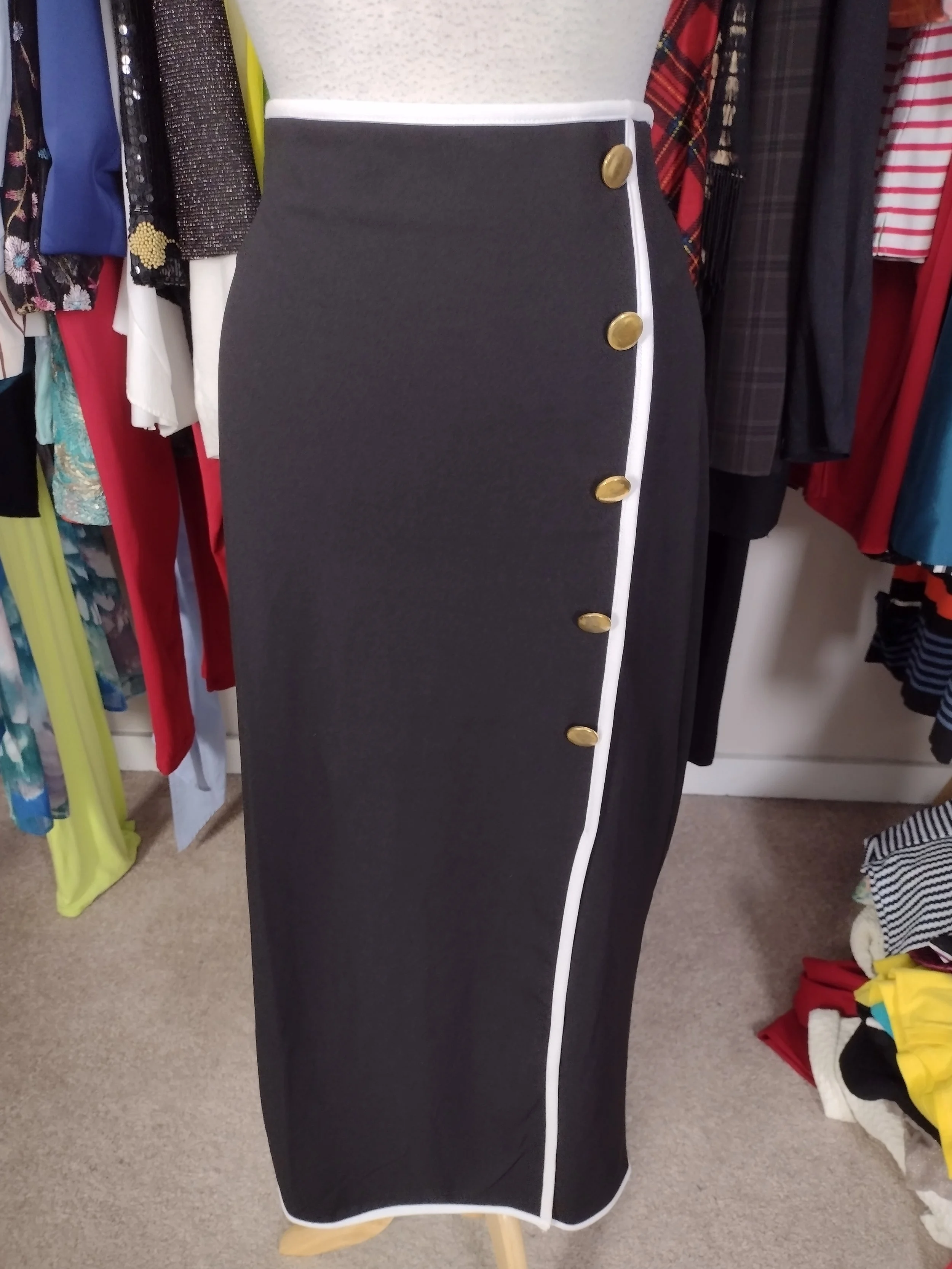 Black and White Piping Gold Button elastic waist Skirt Size L