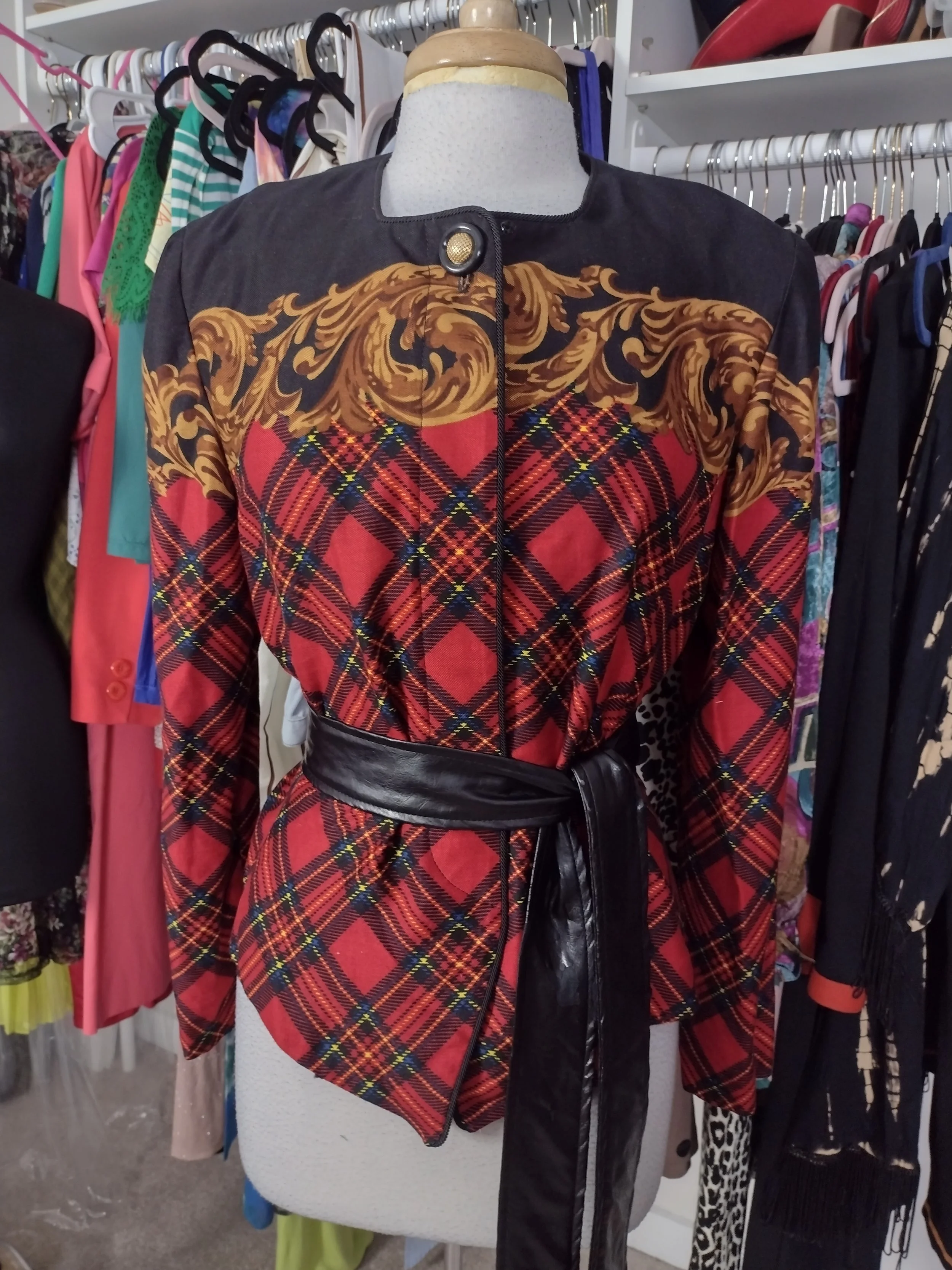 Mixed Print Black and Gold Red Plaid Blazer Size 8/10