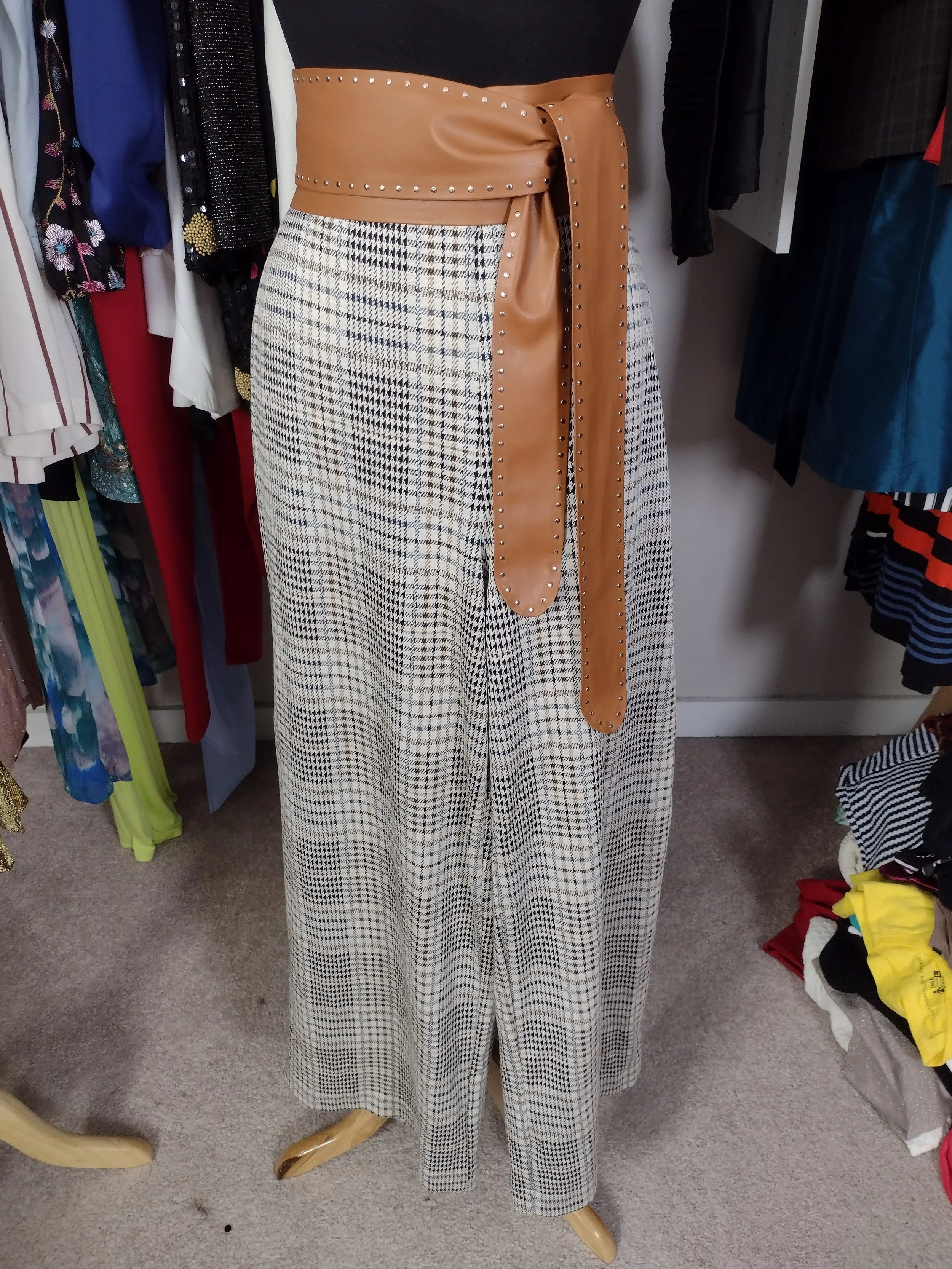 Gray Plaid Pants with Brown Stripe Size L
