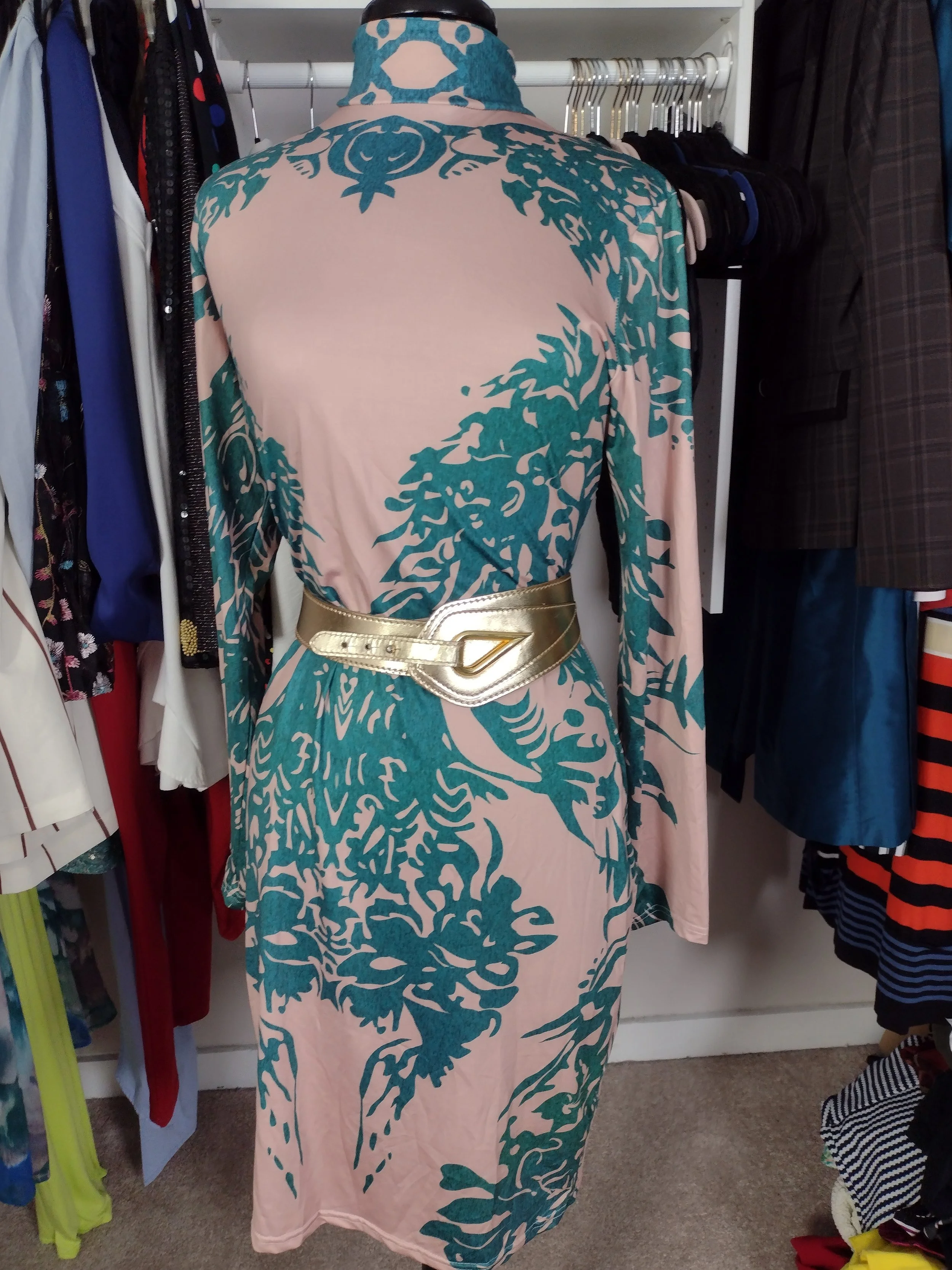 Beige and Green Mock Neck Dress Size L/XL