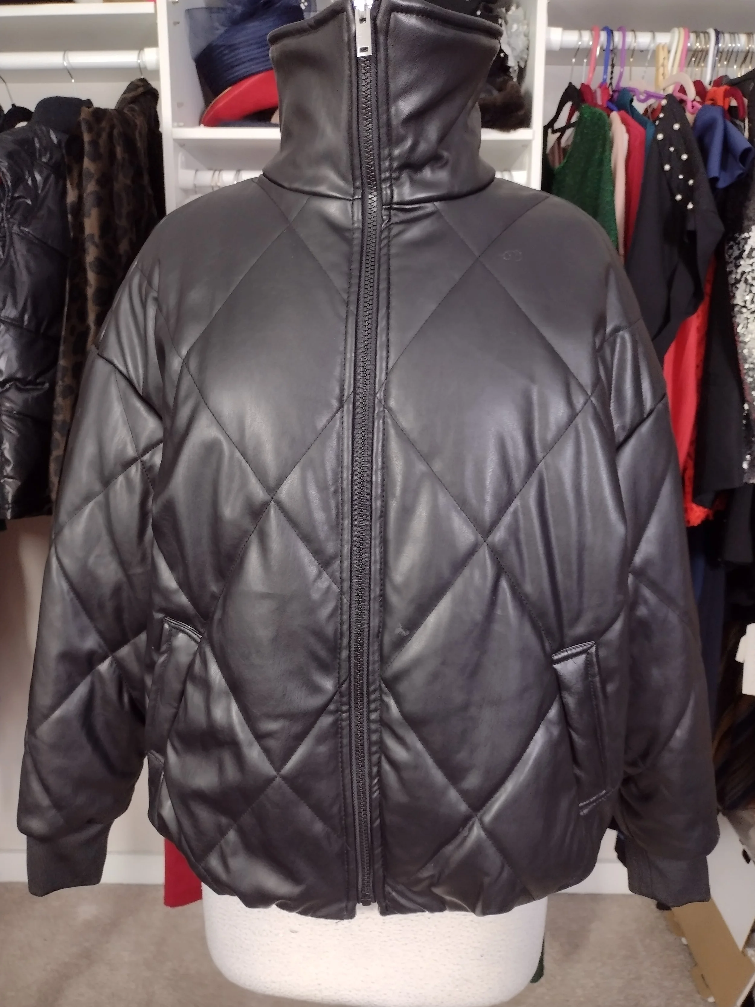 Black Vegan Leather Downs Jacket Size M