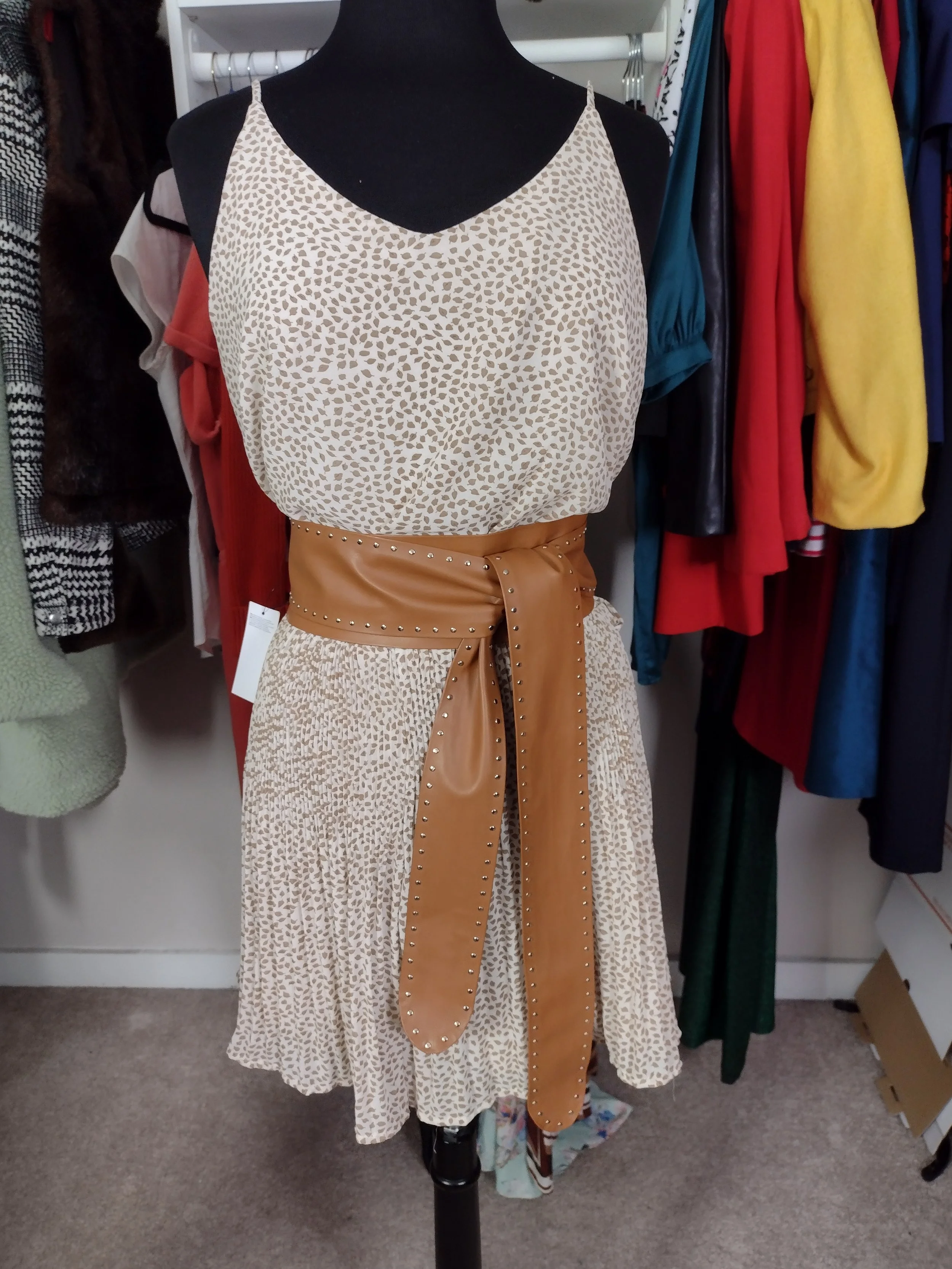 Brown and White Spaghetti Strap Dress Size L