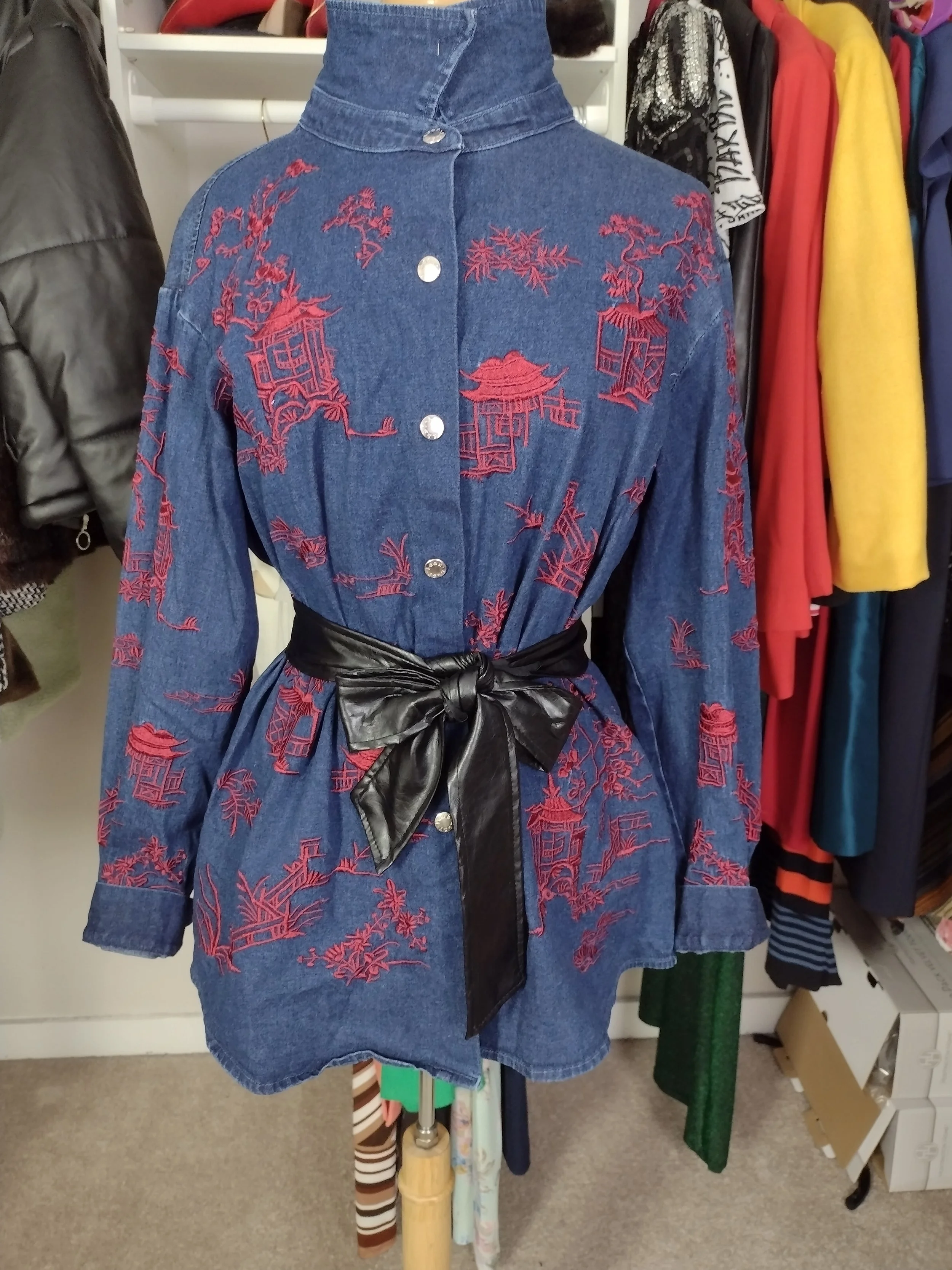 Denim Red Chinese Embrodiered Long Sleeve Size 1X