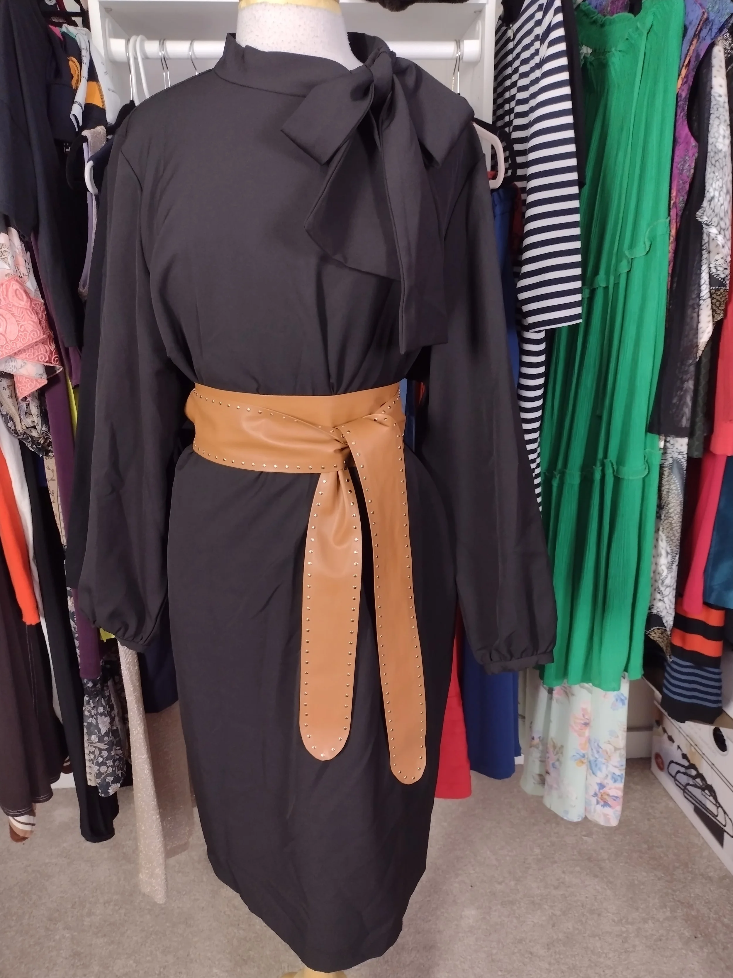 Eloquii Black Long Sleeve Bowtie Dress with Pearl Buttons Size 24