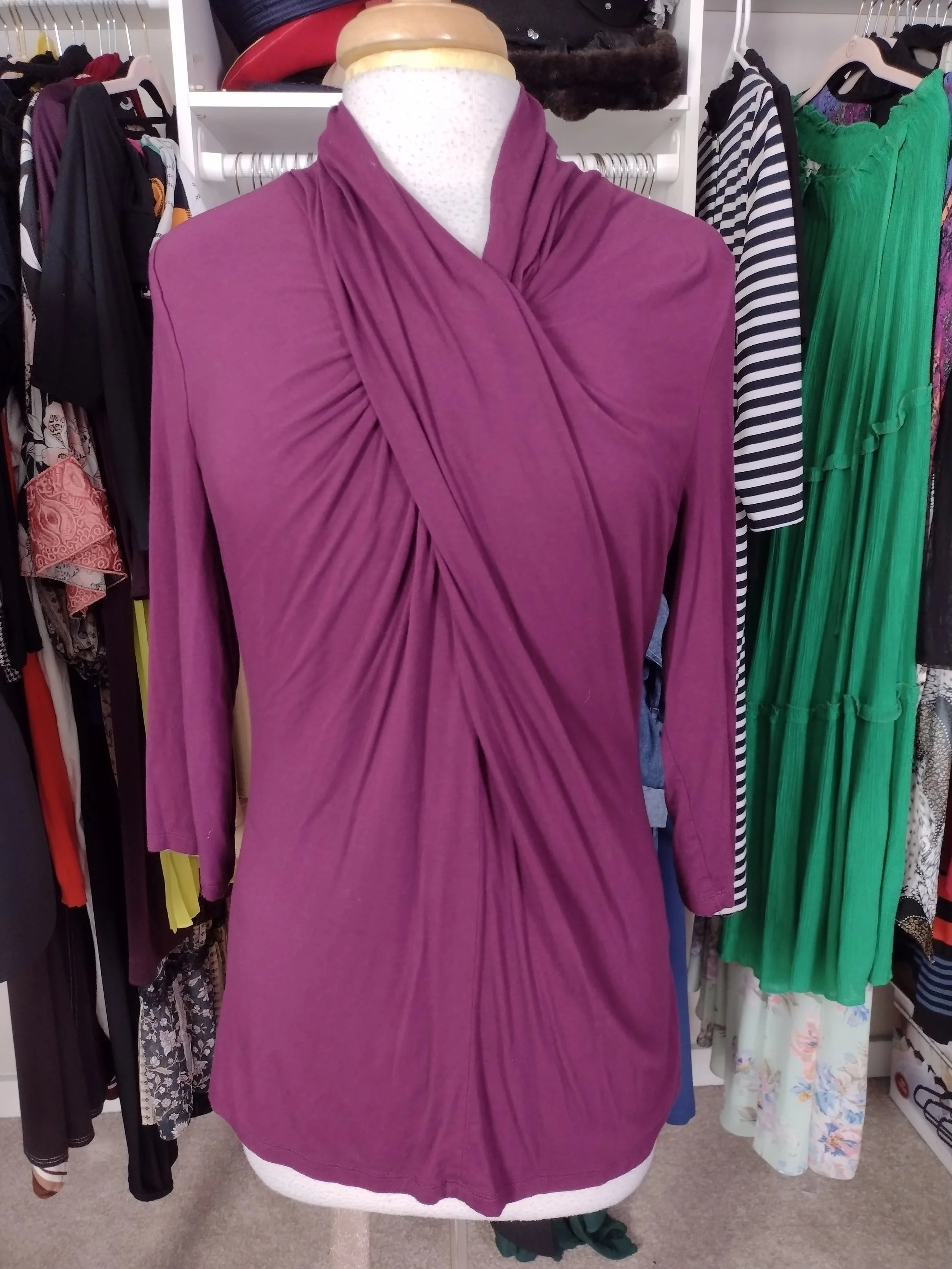 Madison Burgundy Faux Cross Neckline Top Size L